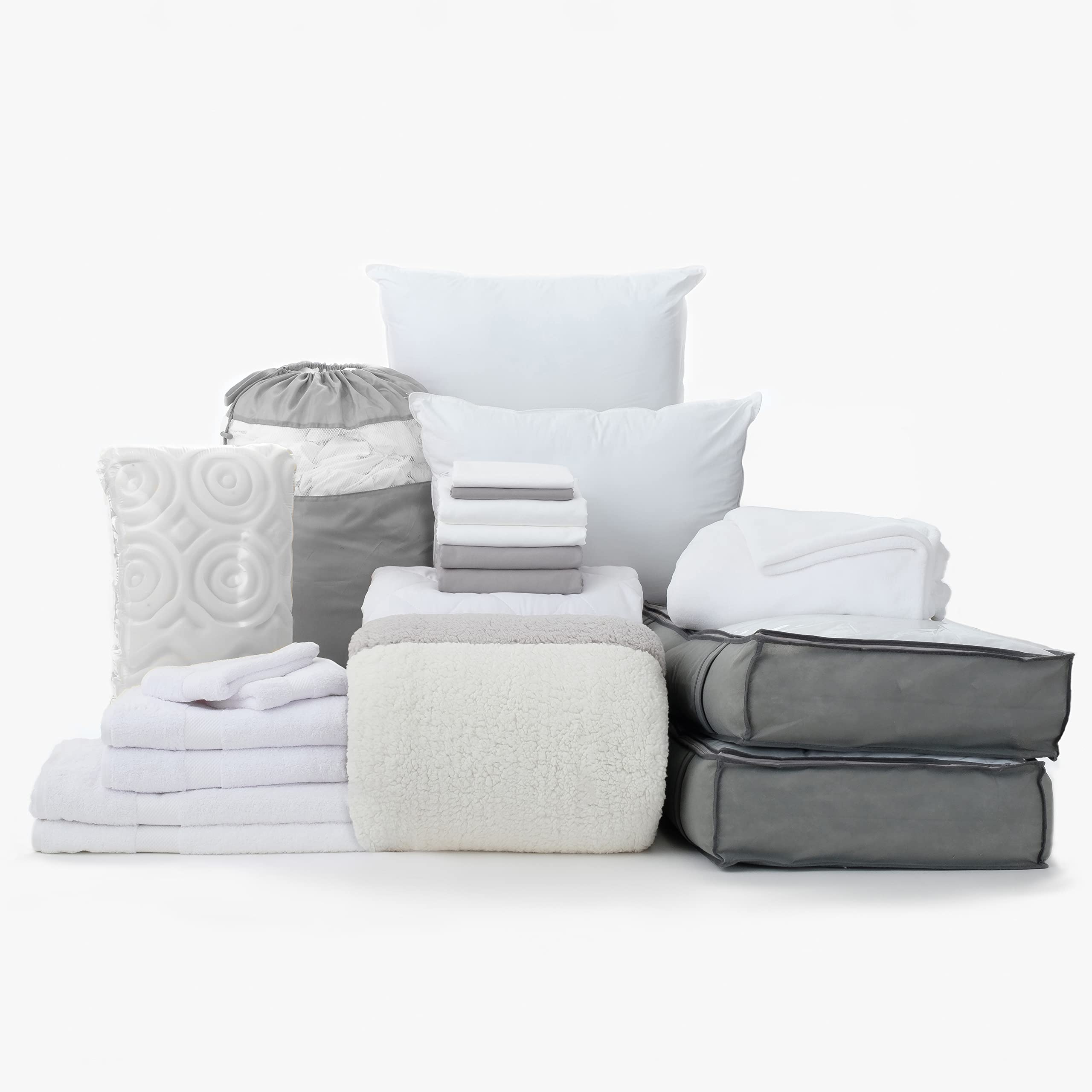 OCM Complete Dorm Essentials Value Pack - 21 Piece Twin XL Bedding Set with Comforter, Sheets, Mattress Topper, Blanket, Towels & Storage | Soft Sherpa in Gray & Off-White | Perfect for College Dorm, Apartment & Guest Room
