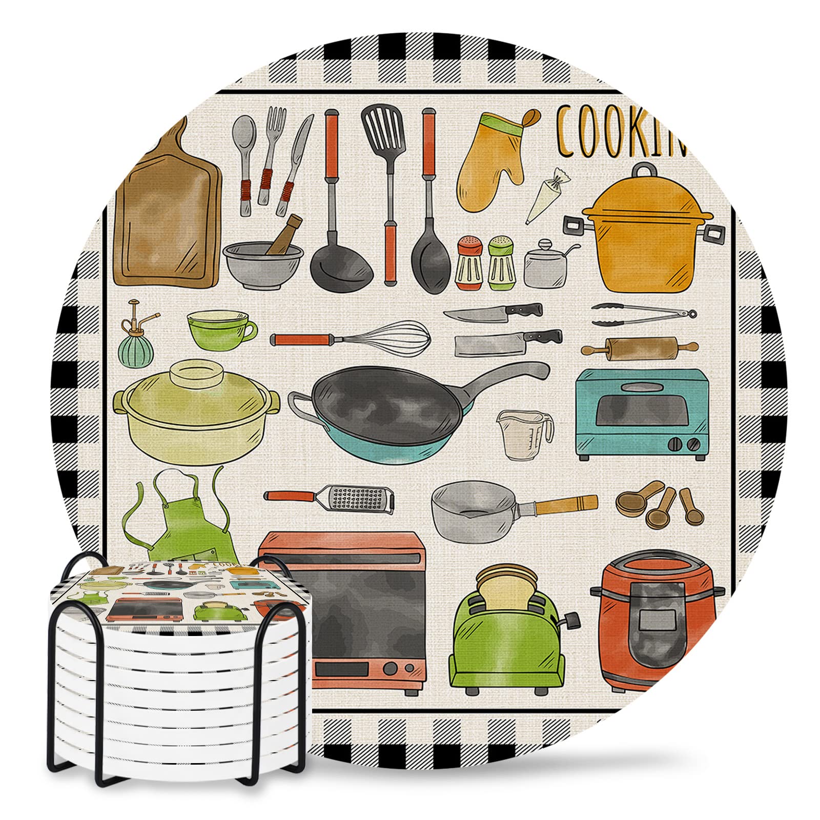 Absorbent Ceramic Drink Coasters Set of 8 - Non-Slip Cork Base, Chef-Themed Round Coasters for Home, Office & Bar Decor - Perfect for Coffee Tables, Kitchen Countertops & Dining Room Settings