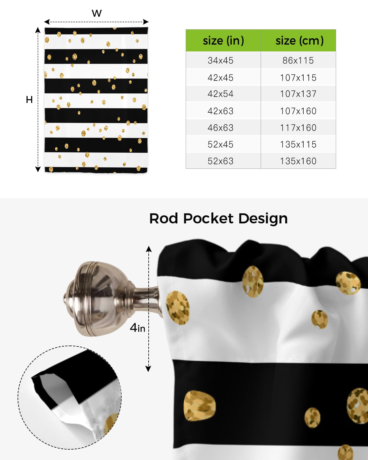 White and Black Stripe Polka Dot Tie Up Curtains - Adjustable Rod Pocket Window Shades for Kitchen & Bathroom - 1 Panel 34x45 Inches - Perfect for Blinds, Home Decor, and Privacy