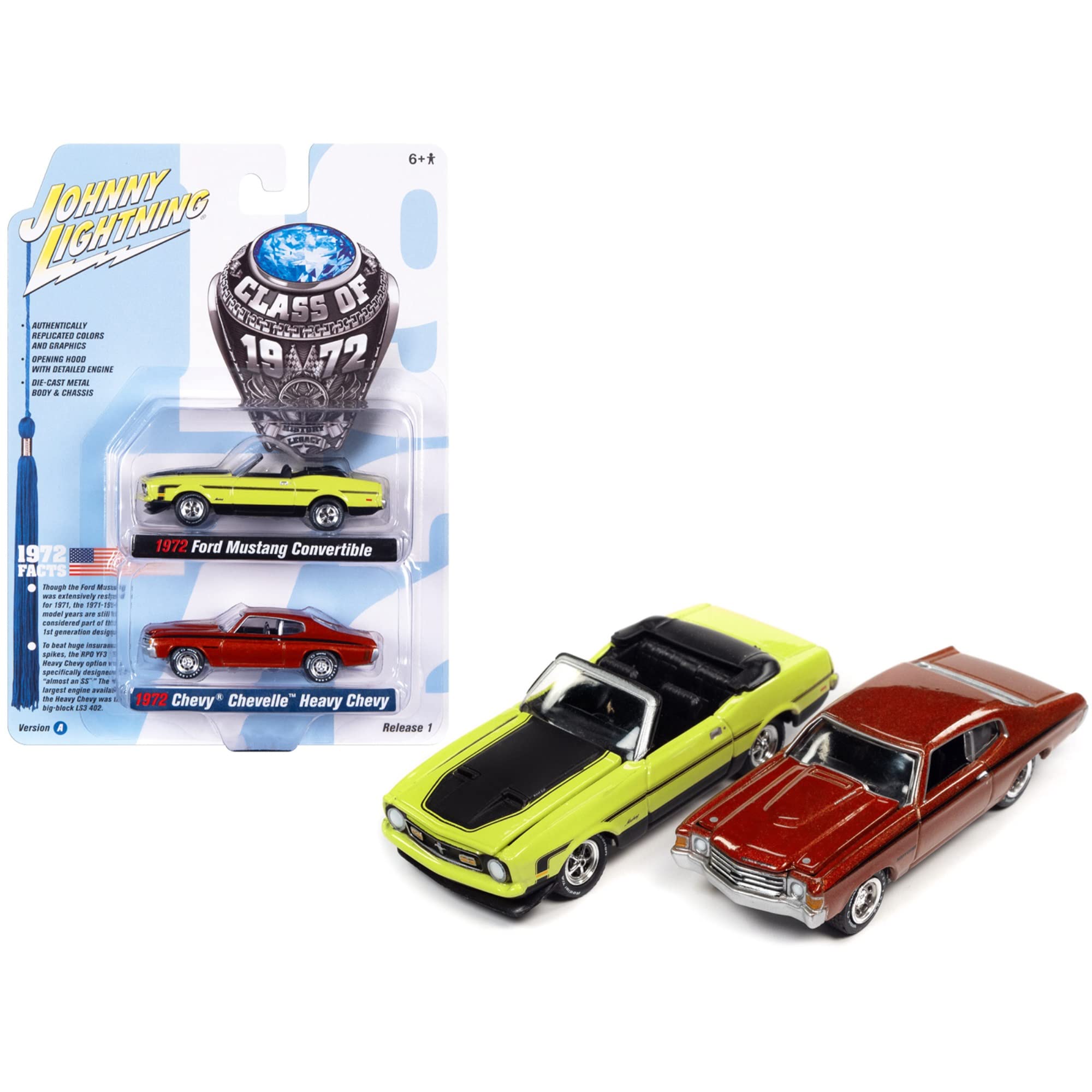 Johnny Lightning 1:64 Scale 1972 Ford Mustang & Chevy Chevelle Diecast Car Set - Classic Muscle Car Collection for Display & Racing Scenes