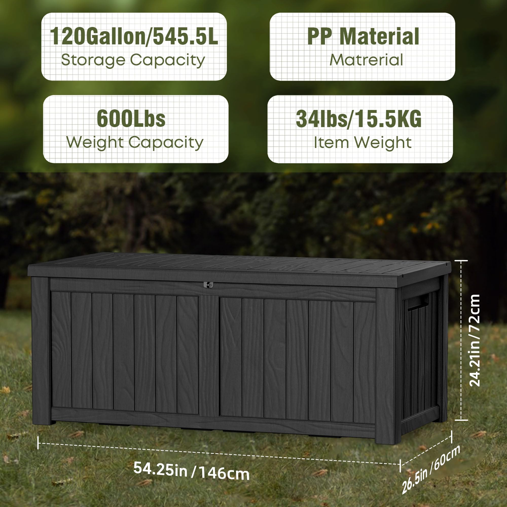 121 Gallon Outdoor Deck Storage Box - Lockable Waterproof Resin Container for Patio Furniture, Garden Tools, Pool Accessories & Cushions - Perfect for Backyard, Poolside & Garden Organization (Black)