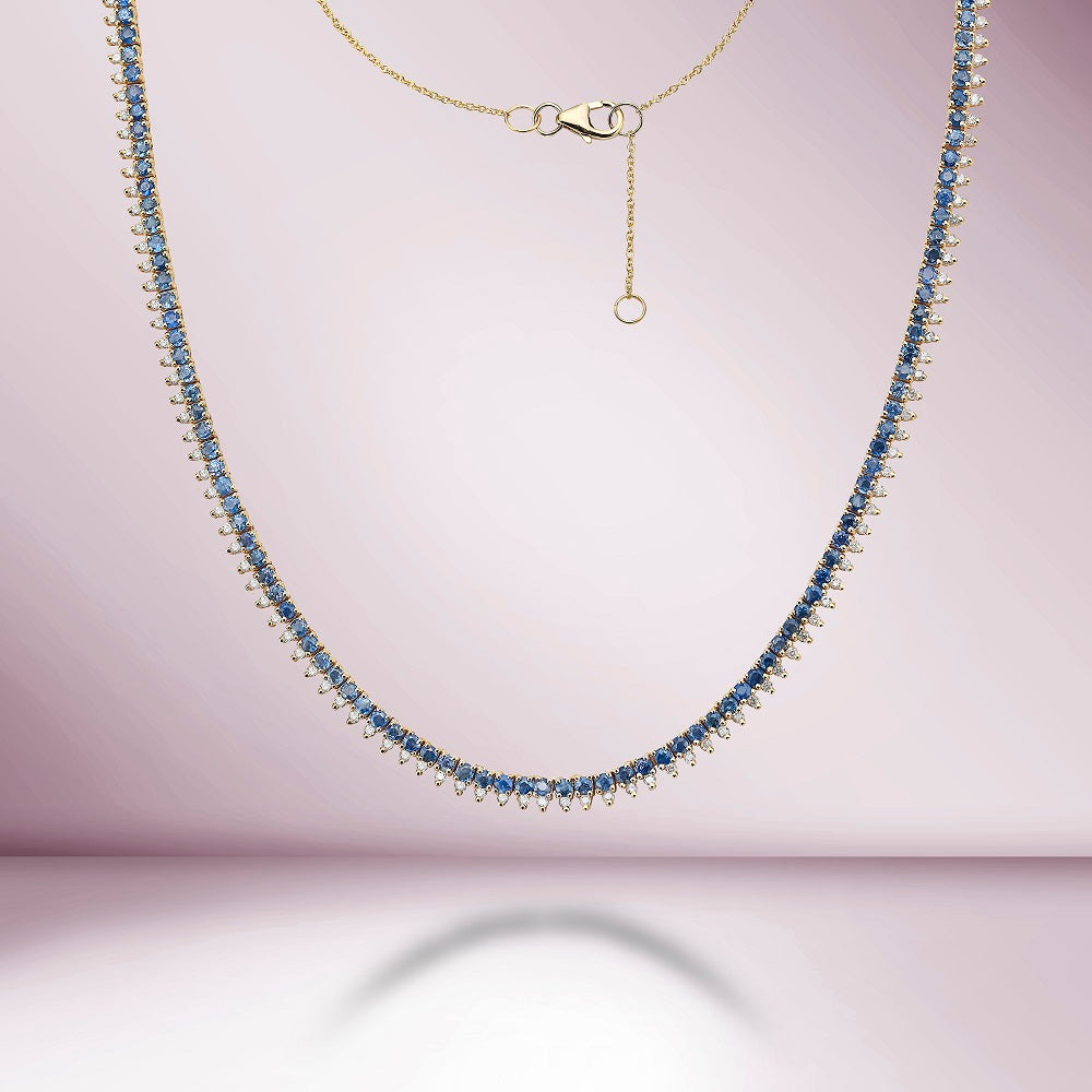 14K Gold Blue Sapphire & Diamond Tennis Choker Necklace (6.60 ct) - Elegant Statement Jewelry for Weddings, Parties & Special Occasions