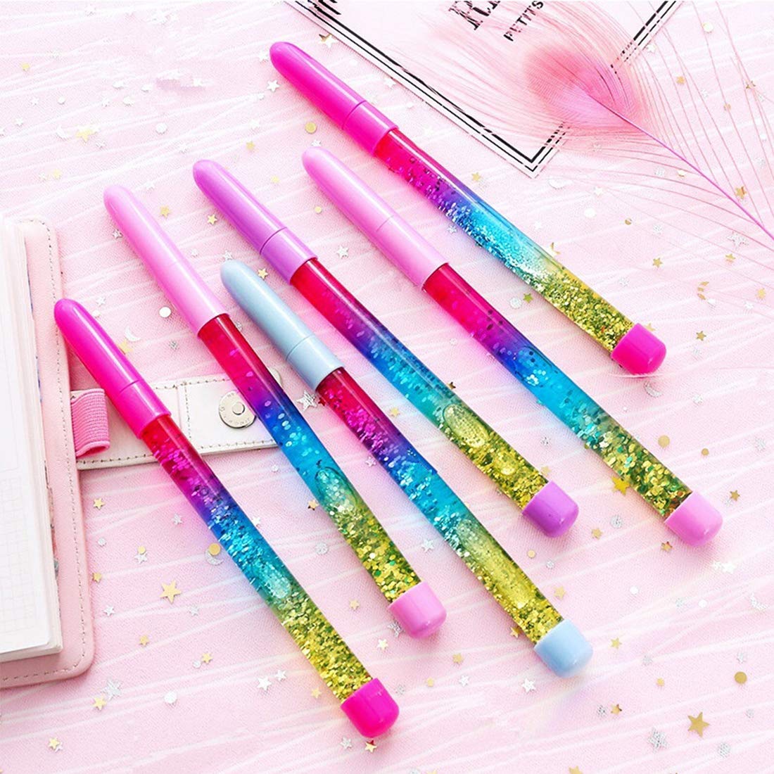 4 Pack Bling Rainbow Liquid Sand Gel Ink Pens - Glitter Fairy Stick Ballpoint Crystal Rollerball Pens for Kids Girls, Students, Office & School Supplies - Perfect for Note Taking, Journaling, Gift Giving & Creative Writing (Blue Ink)
