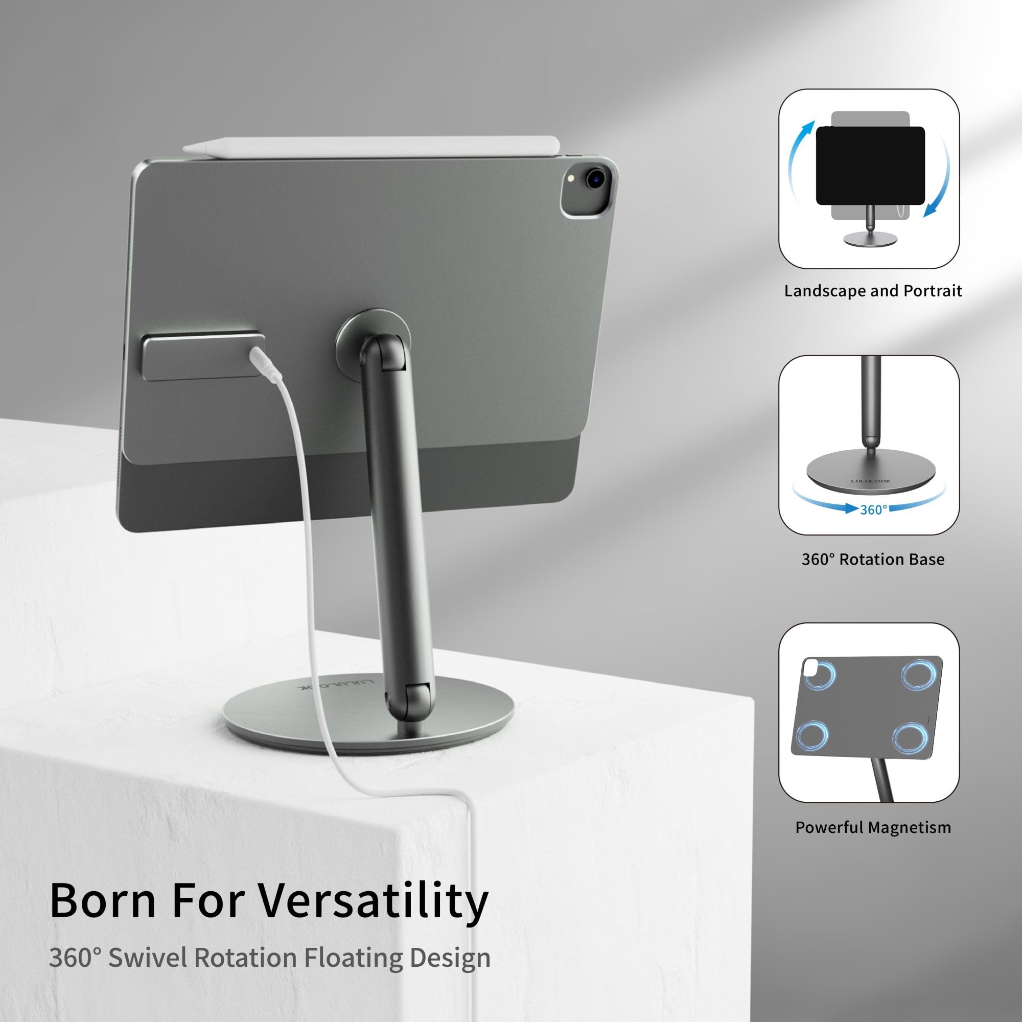 LULULOOK 360° Adjustable Magnetic Wireless Charging Stand for iPad Pro 11 inch M2/Air 10.9 inch - Foldable Aluminum Alloy Tablet Holder for Desk, Compatible with iPad Pro 11