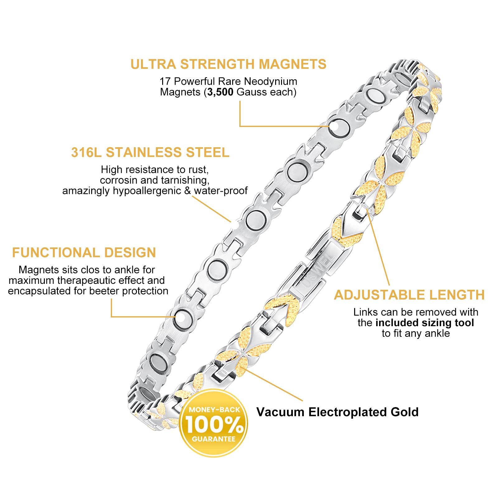 Elegant Titanium Steel Magnetic Anklet Bracelet for Women - Adjustable 10.5 Inch - Perfect for Yoga, Meditation & Pain Relief Therapy