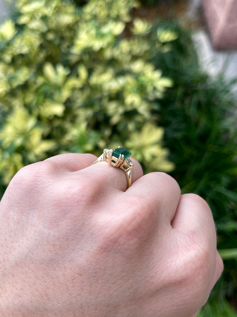 2.78tcw 18K Gold Natural Emerald Cut & Brilliant Round Diamond Three Stone Ring - Deep Dark Alpine Green Gemstone Jewelry for Engagement, Wedding & Anniversary Gifts