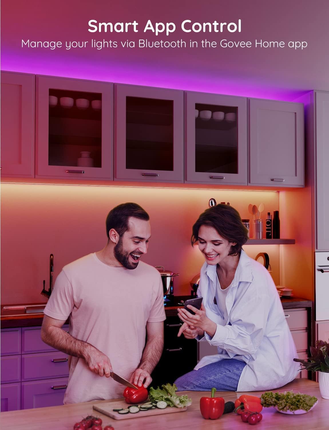 Govee 50ft Smart LED Strip Lights with Bluetooth & App Control - 64 Dynamic Scenes, Music Sync RGB Lights for Bedroom, Living Room, Kitchen, Party - ETL Certified Adapter | Perfect for Home Decor, Gaming Setup & Mood Lighting