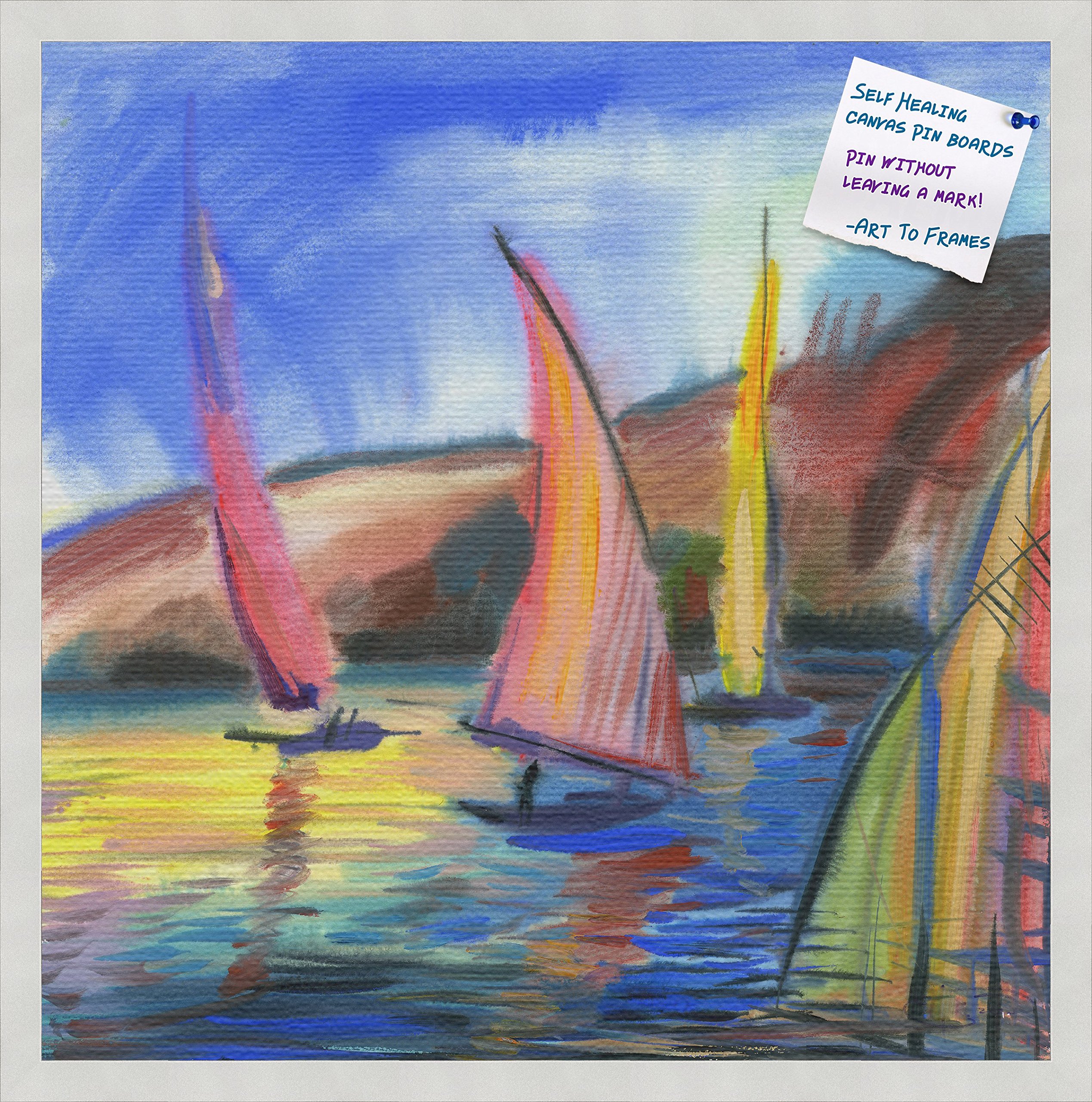 PinPix ArtToFrames 24x24 Inch Custom Cork Bulletin Board - Mediterranean Sailboats Impressionist Art Poster with Fabric-Style Canvas Finish, White Satin Frame (PinPix-39) | Perfect for Home Office Decor, Classroom Organization & Creative Wall Displays
