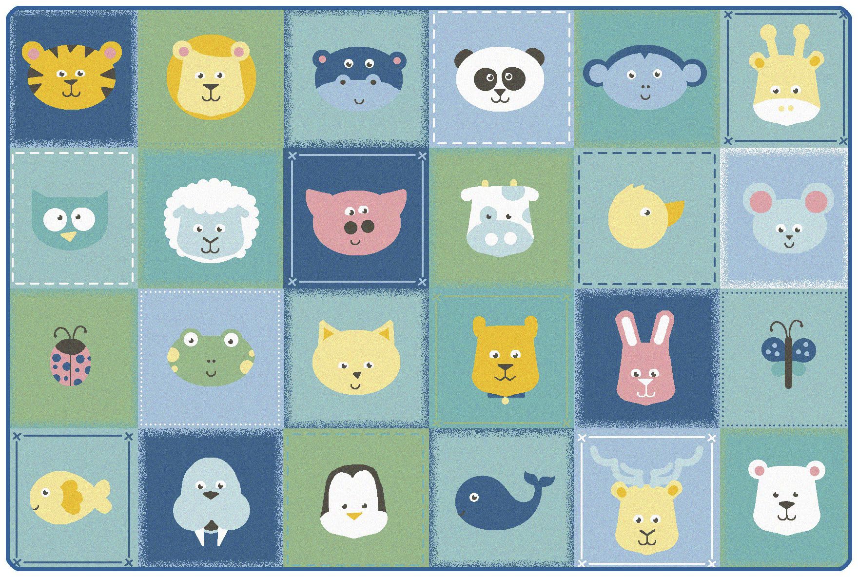 Soft Blue Animal Patchwork Nursery Rug for Kids - 6ft x 4ft Rectangle Non-Slip Playroom Carpet | Perfect for Baby Rooms, Daycare Centers & Toddler Play Areas