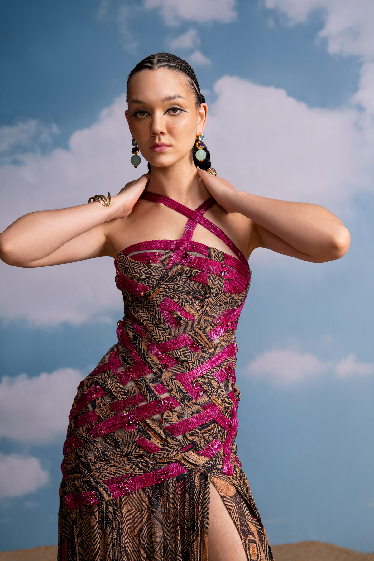 Fuchsia Geometric Print Braided Dress with Beaded Hand Embroidery - Elegant Boho Chic Maxi Dress for Women, Perfect for Summer Weddings, Beach Vacations & Special Occasions