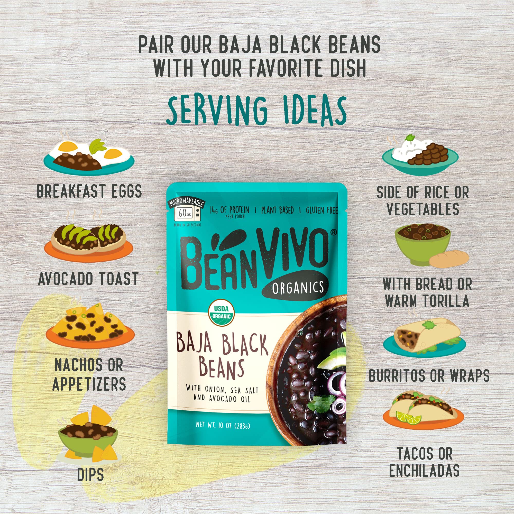 Organic Plant-Based Protein Baja Black Beans (Pack of 6) - High Fiber, Gluten-Free, Nutritious Microwave Meals - 10 oz - Perfect for Vegan Diets, Quick Lunches & Healthy Meal Prep