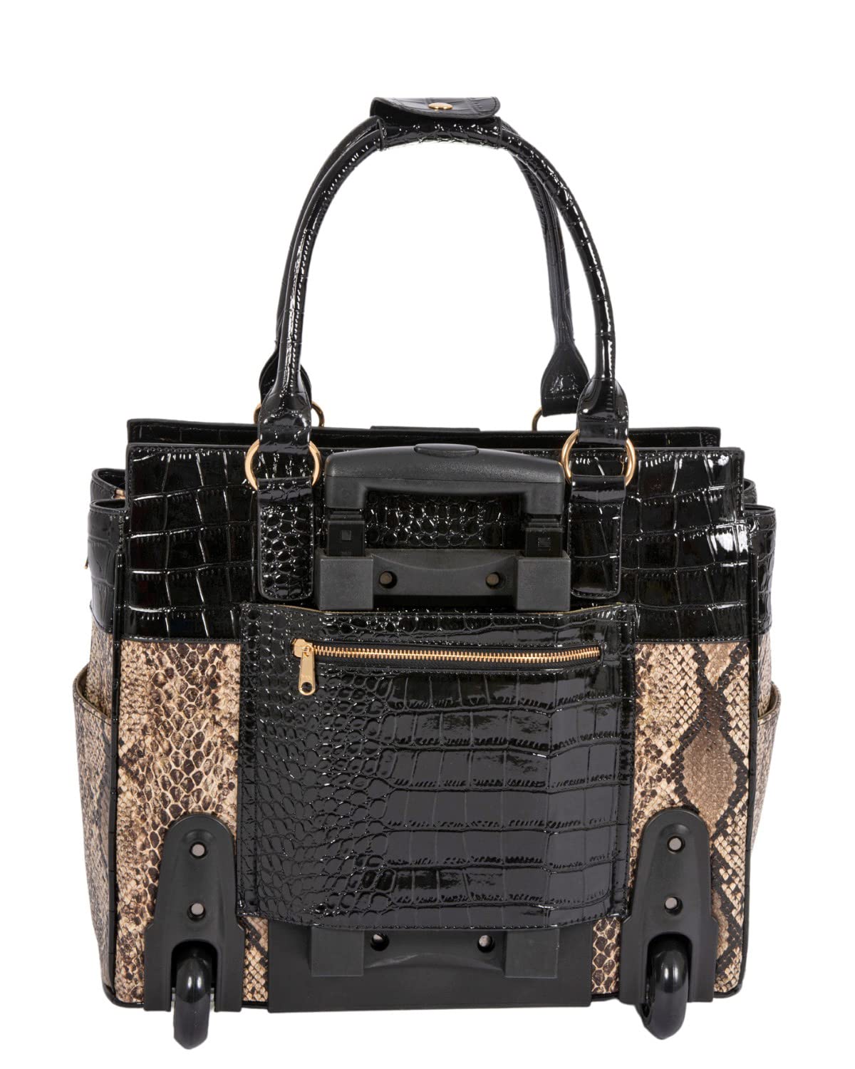 JKM and Company Alligator Print Rolling Tote Bag - Compatible with Laptop, iPad, Tablet - Stylish Briefcase & Carryall for Work, Travel, and Business Meetings