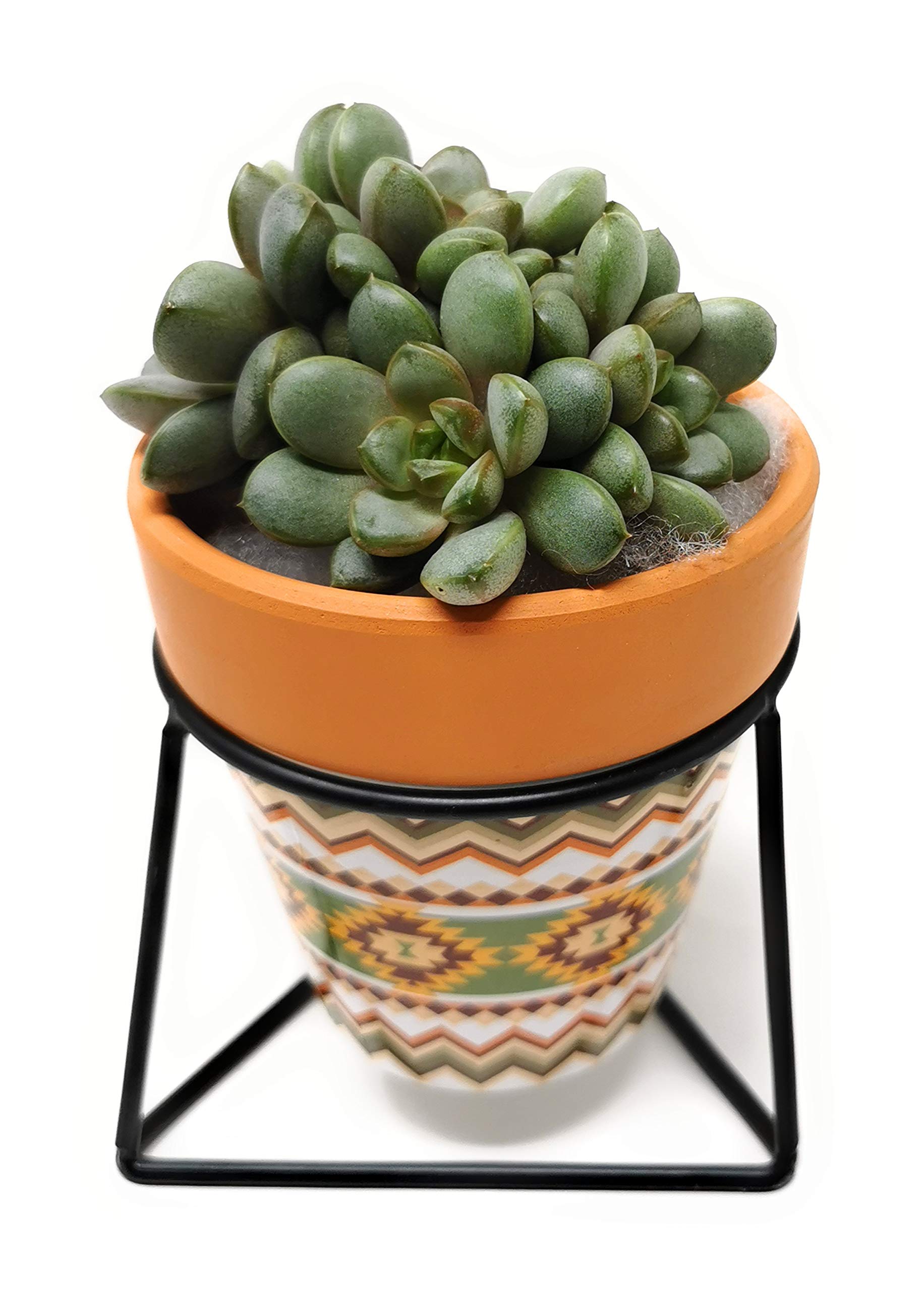 TJ Global Succulent Cactus Planter - Tribal Print Terracotta Pot with Iron Stand | Small Indoor Plant Pot with Drainage Hole | Perfect for Home, Office Desk & Garden Decor | Triangle Base Holder for Stylish Plant Display