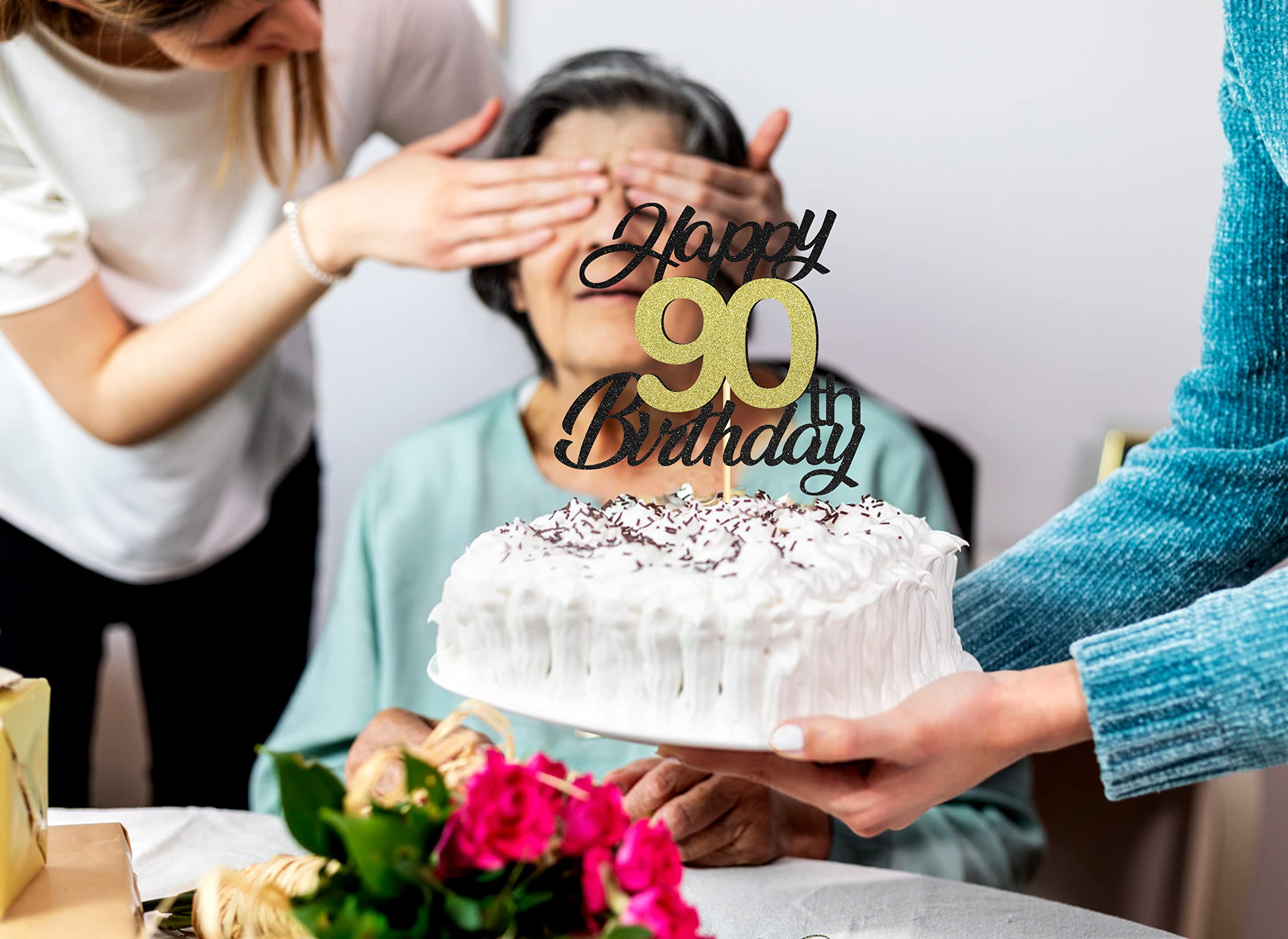 Elegant Black & Gold Glitter 90th Birthday Cake Topper - Happy 90th Birthday Cake Decorations for Women & Men - Perfect for Milestone Birthday Parties & Celebrations