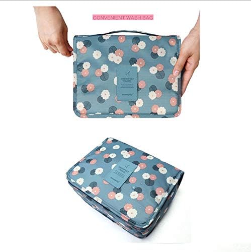 Waterproof Hanging Travel Toiletry Bag - Multifunctional Cosmetic Organizer for Women & Girls | Portable Makeup Pouch with Hanging Hook | Perfect for Travel, Gym & Daily Use (Blue Floral Pattern)