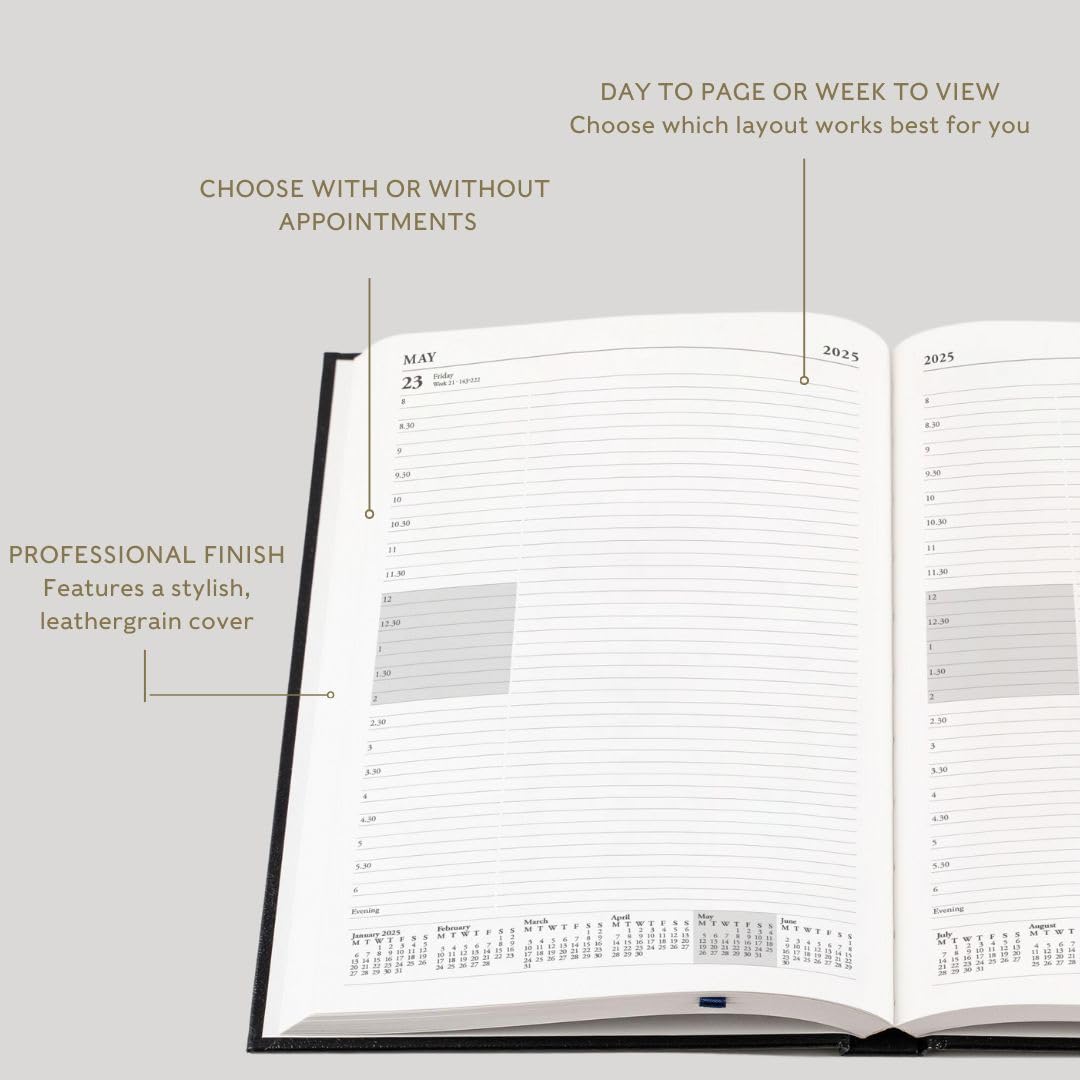Collins Essential 2025 Business Diary - A5 Day Planner with Leather Hardback Cover, Appointment Scheduling Notebook, Professional Organizer for Office Work & Meetings - Black (ESSA51A.99-25) - Perfect for Executives, Entrepreneurs & Productivity Enthusiasts