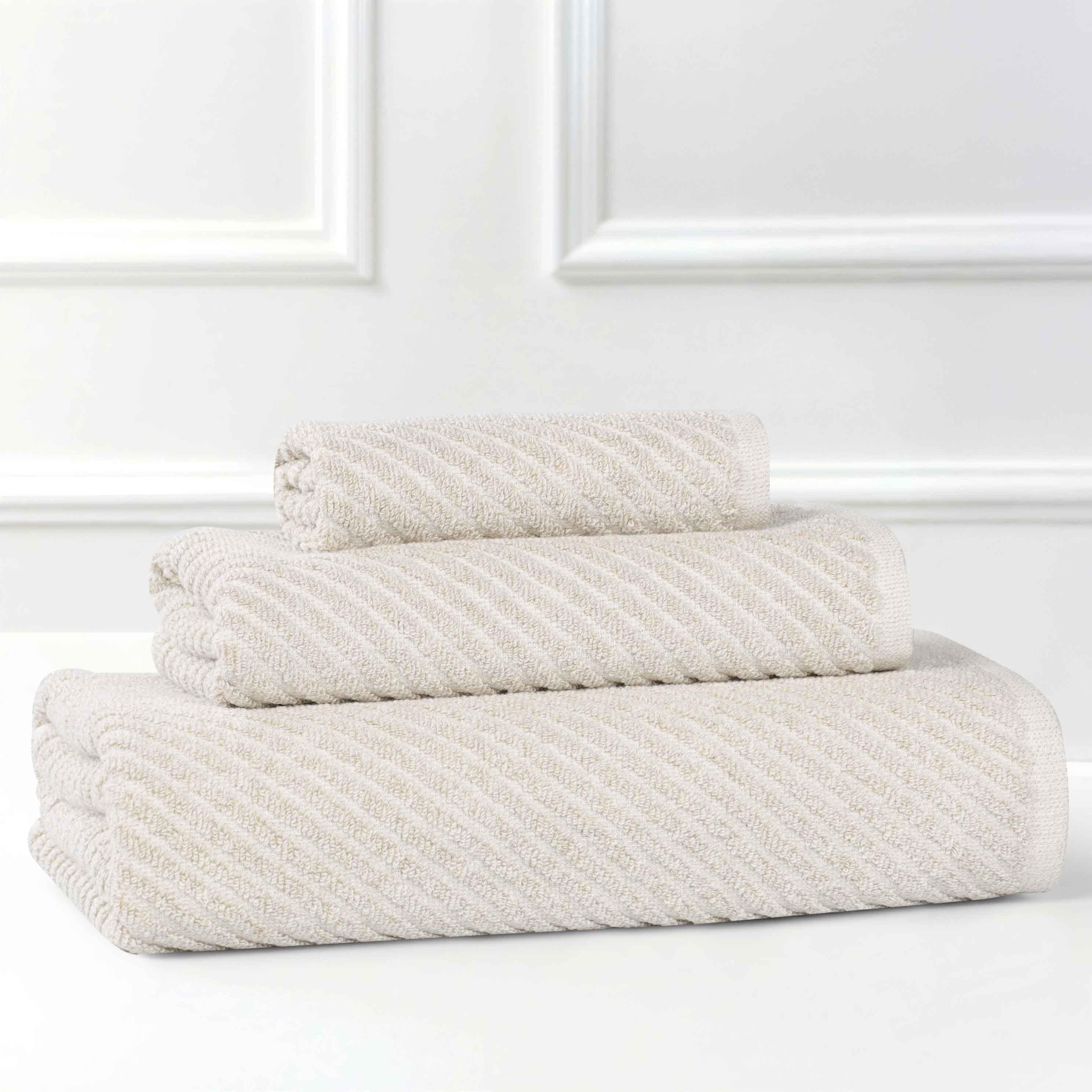 Premium Cotton Blend 3-Piece Towel Set - Soft, Absorbent & Medium Weight with Diagonal Stripes - Perfect for Bath, Spa & Guest Bathrooms