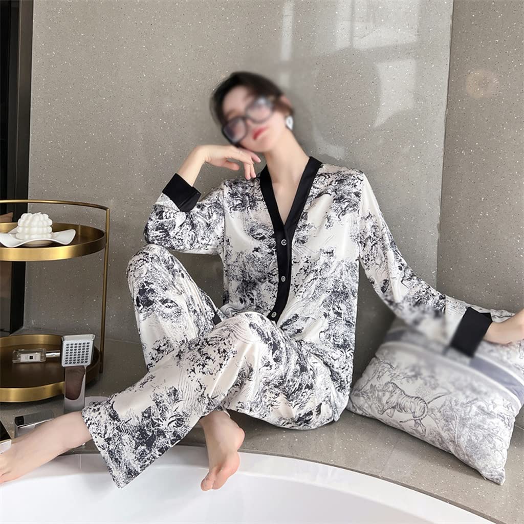 MMAXZ Women's Silk-Like V-Neck Pajama Set - Long Sleeve Button Down Sleepwear Nightwear for Home & Lounge (Color A, Size L) | Perfect for Relaxing, Sleeping & Comfortable Lounging at Home
