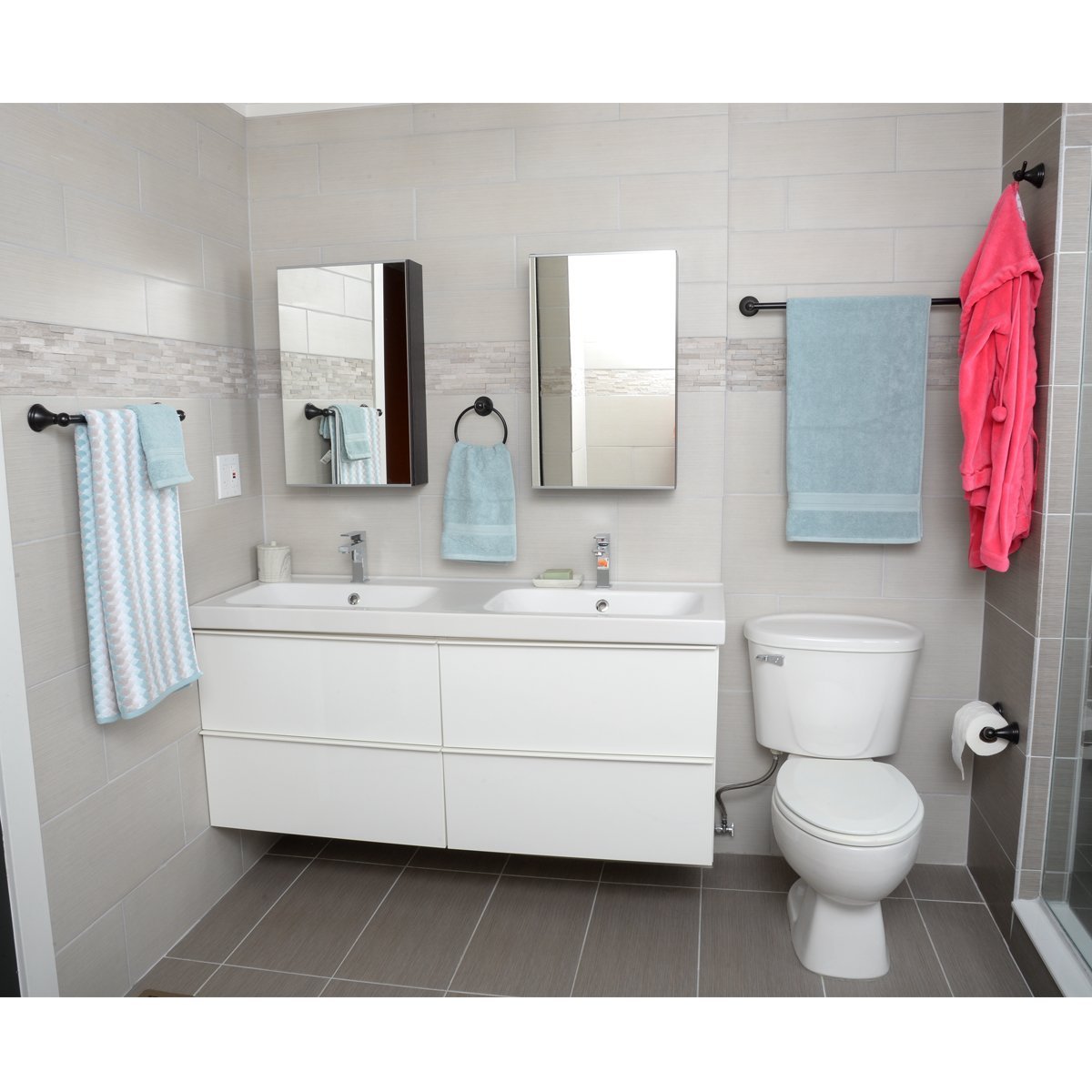 Amazon Basics 5-Piece Modern Bathroom Accessories Set - Oil Rubbed Bronze Towel Holder, Soap Dispenser & More for Stylish Bathroom Organization (Shower, Vanity, Powder Room)