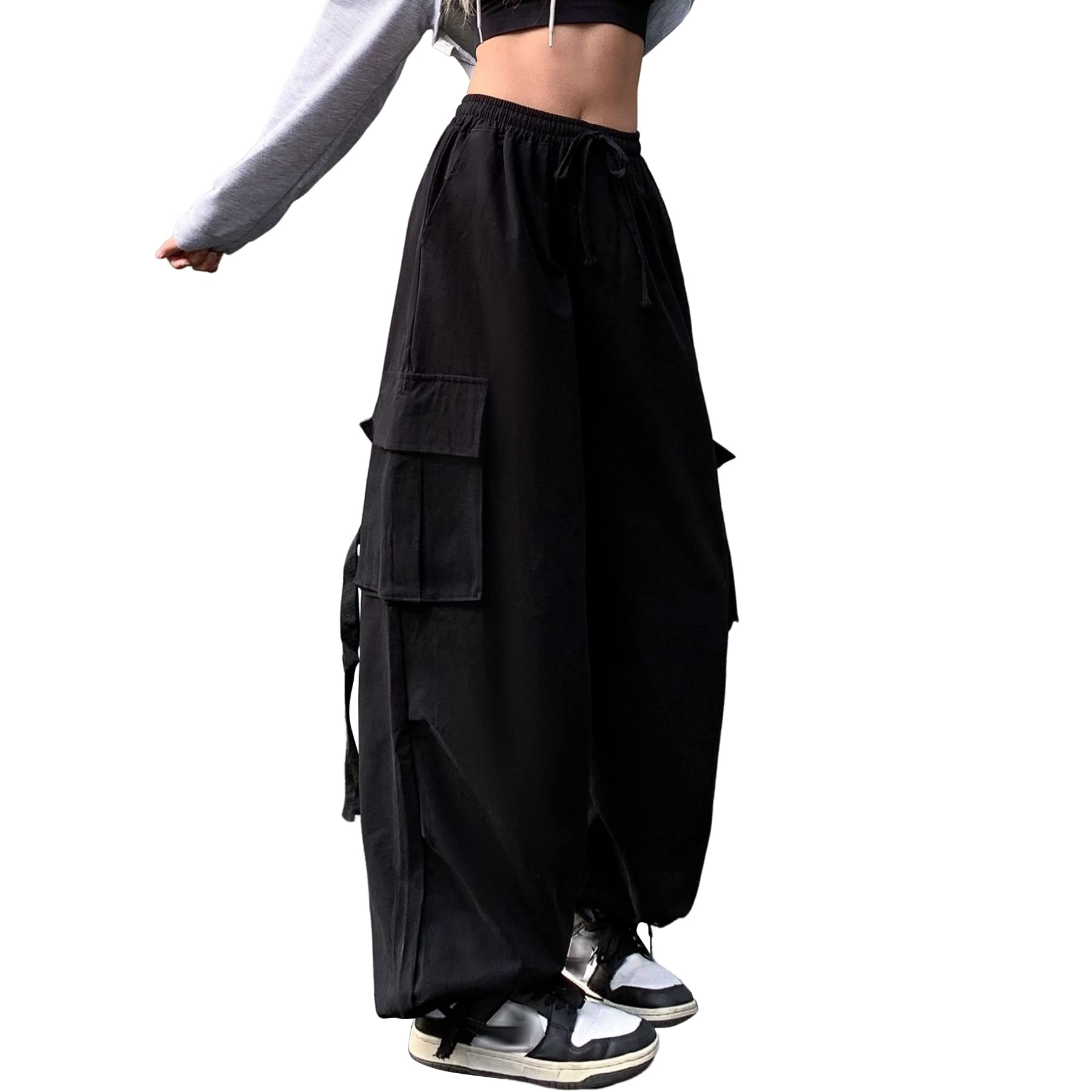 Linsennia Y2K Parachute Pants for Women - Wide Leg Cargo Trousers with Elastic Waist | Baggy Streetwear Pants | Perfect for Casual Outfits, Hip Hop Fashion & 90s Retro Style