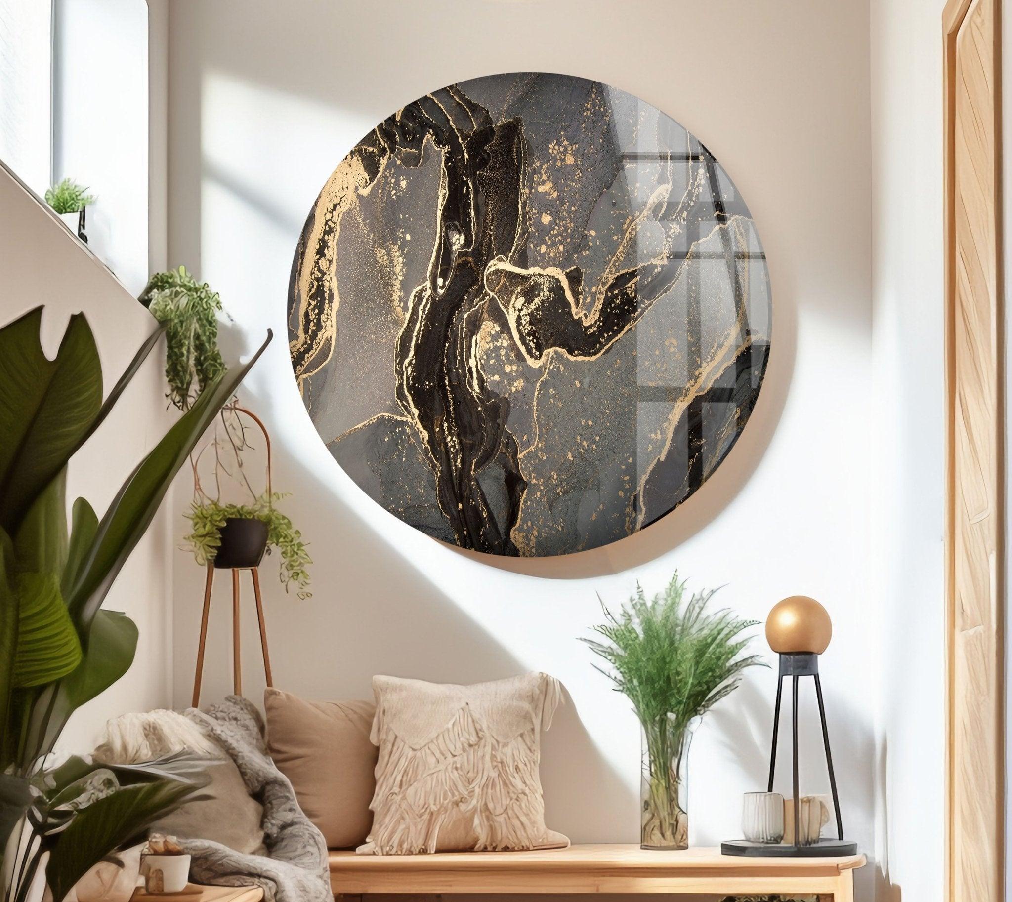 Abstract Gray & Gold Glass Wall Art - Modern Home Decor for Living Room, Bedroom & Office - Elegant Handmade Glass Artwork for Stylish Interior Design