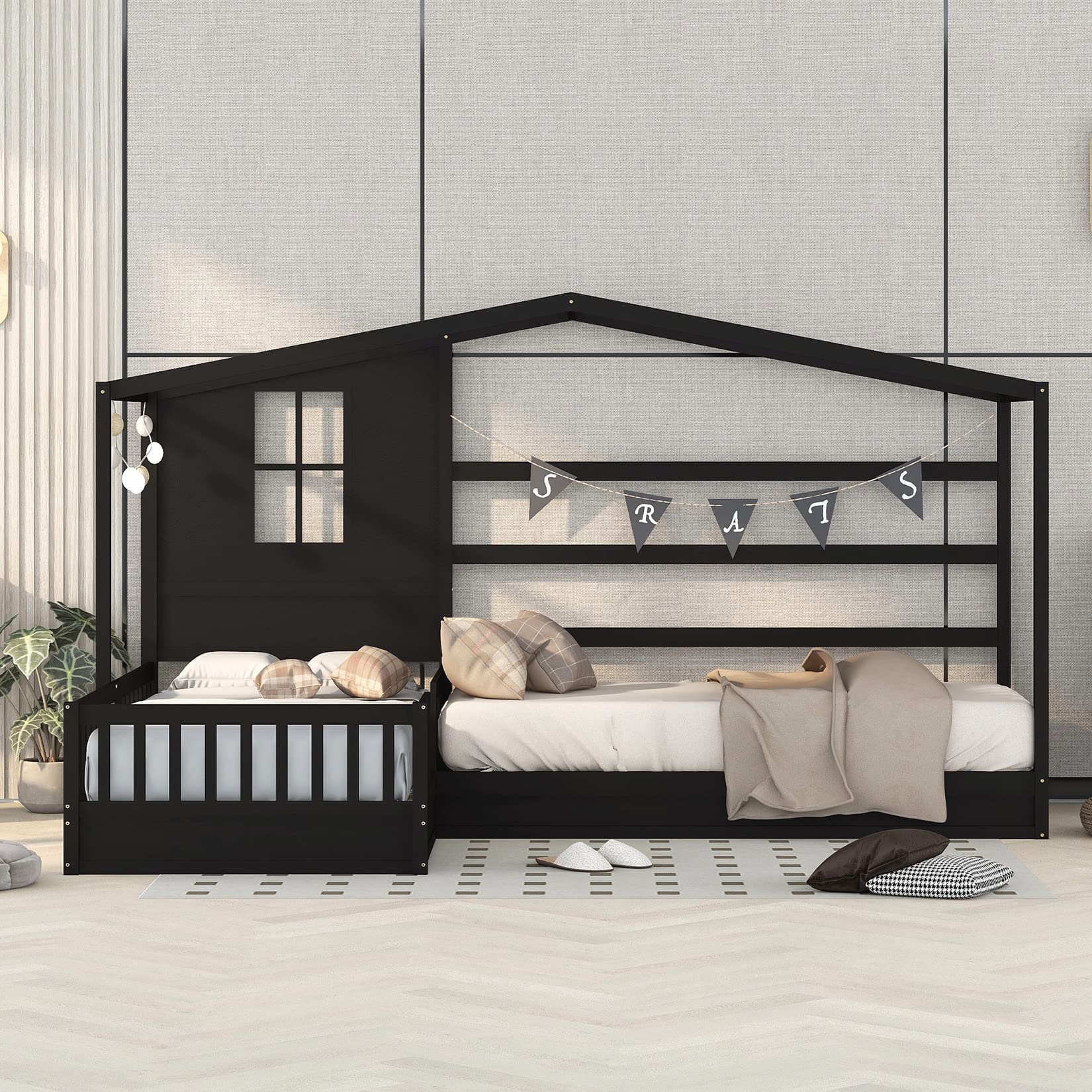 Bellemave L-Shaped Twin Bed Frame with Roof - Solid Wood Corner House Bed for Kids, Espresso Finish - Perfect for Small Spaces & Shared Kids' Rooms