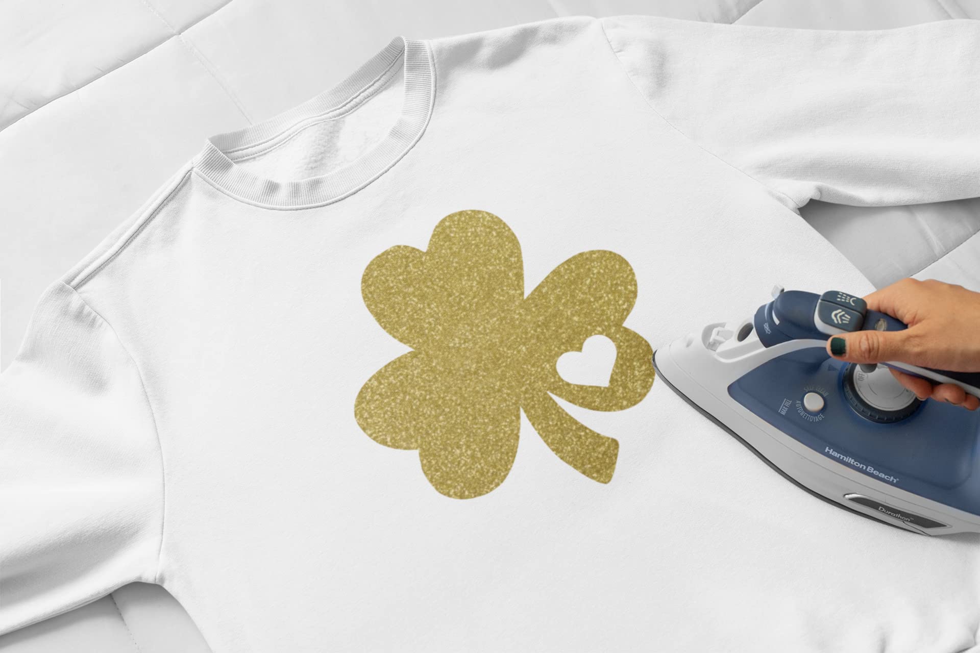 Shamrock Heart Iron On Decal - St Patrick's Day Shirt Transfer with Glitter (Emerald Green) | DIY Clover Patch for T-Shirts, Hats & Bags | Quick 5-Minute Application for St Paddy's Day Outfits & Good Luck Four Leaf Designs