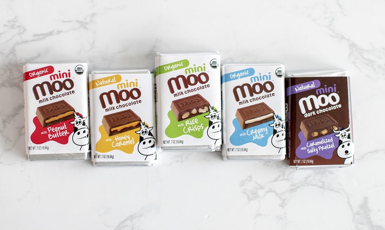 **Moo Chocolates All Natural Milk Chocolate Mini Bars with Honey Caramel – 0.7 oz, 14 Count (Pack of 1) | 70 Calorie Healthy Snacks for On-the-Go, Lunchboxes, Office, Travel & Gifts**