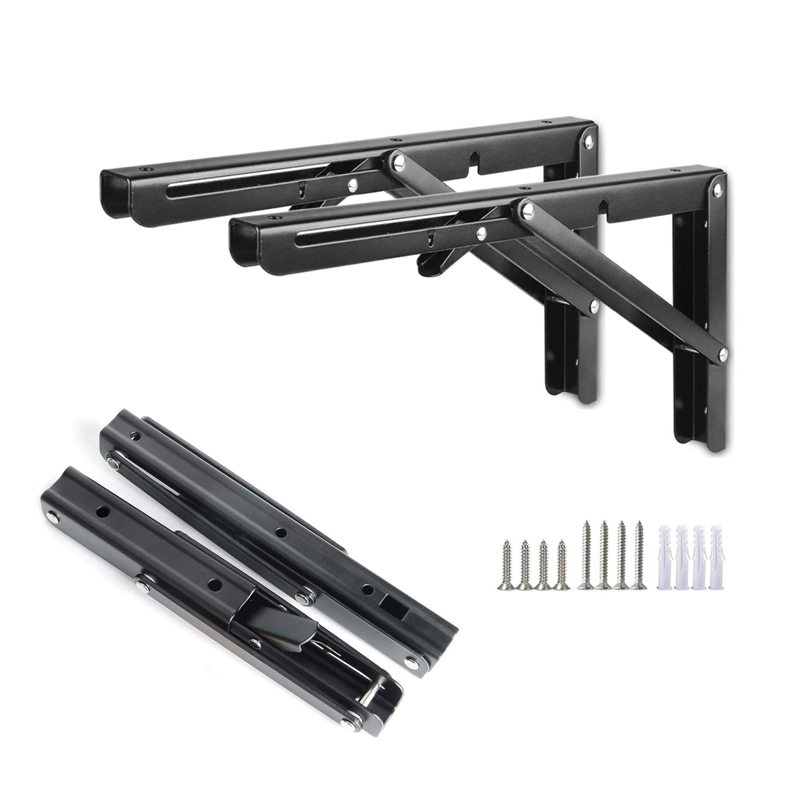 2 Pcs Heavy Duty Black Metal Folding Shelf Brackets - DIY Triangle Wall Mount Brackets for Shelves, Tables & Workbenches - Space Saving with Screws Included - Perfect for Home, Garage & Workshop Organization