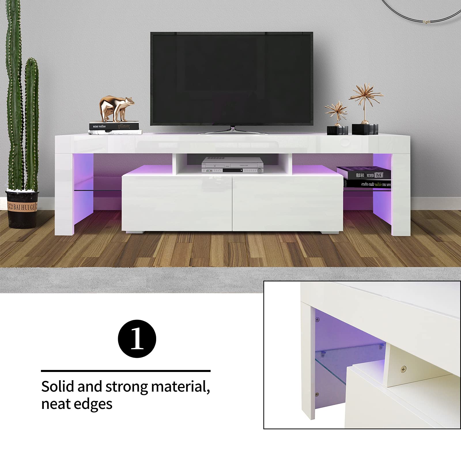 Modern White LED TV Stand for 70 Inch TVs - High Gloss Entertainment Center with 2 Storage Drawers - Large TV Cabinet for Living Room, Bedroom & Home Theater Setup