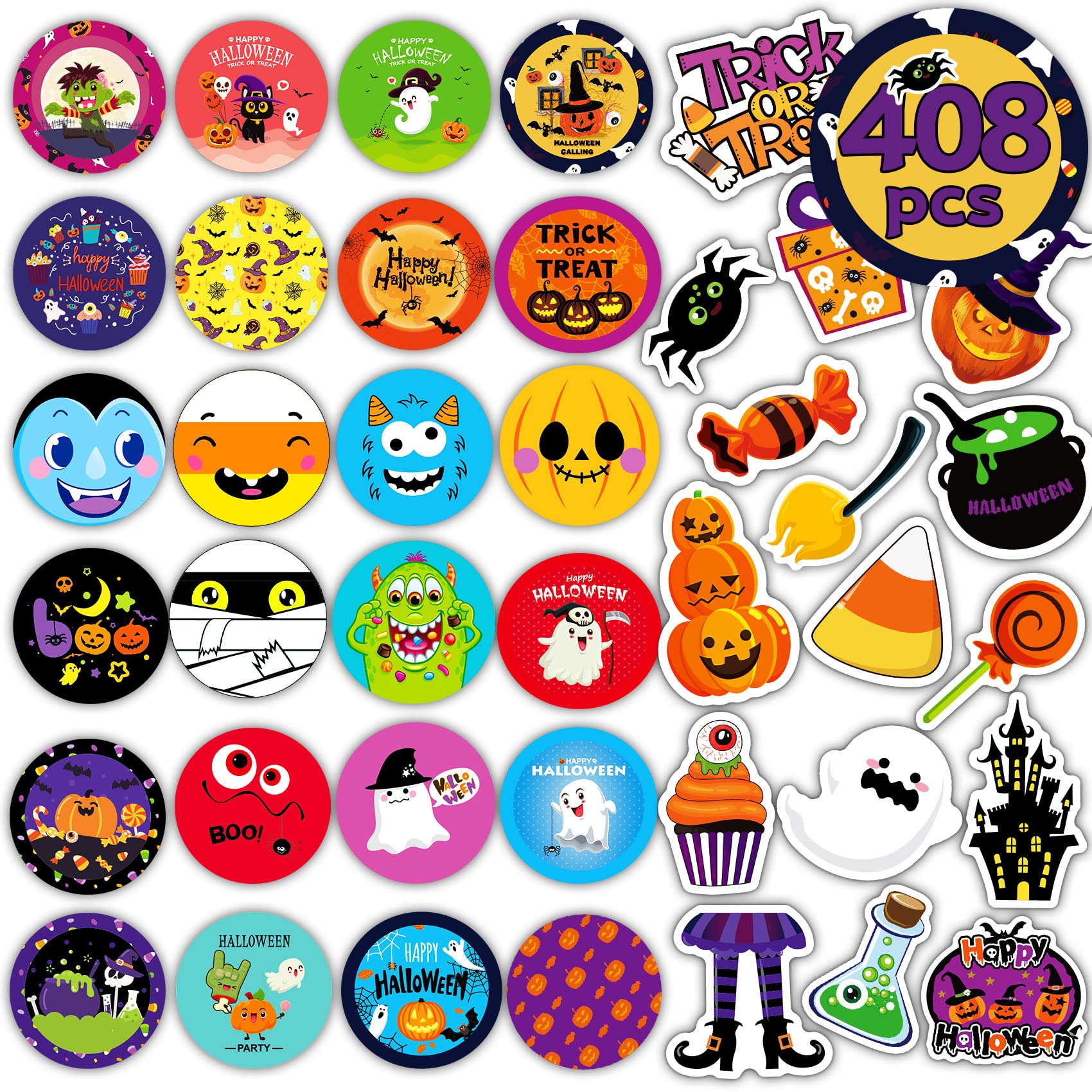 Funnlot Halloween Sticker Sheets - 32 Pack Round Halloween Stickers for Kids, Trick or Treat Stickers, Halloween Party Decorations - Perfect for Treat Bags, Pumpkin Decor, and Classroom Activities