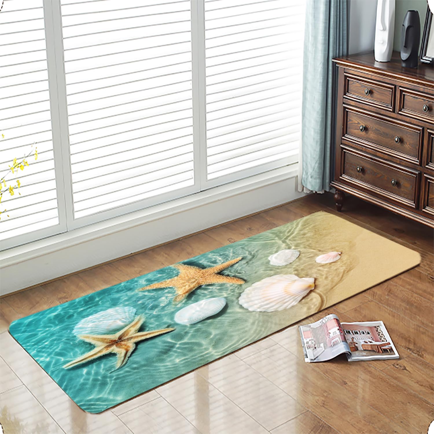 **Soft Absorbent Sponge Foam Bath Rugs - Non-Slip Flannel Mat for Bathroom, Kitchen, Bedside & Living Room - 71 x 24 Inches, 3D Print Scallop Starfish Design - Perfect for Cozy Home Decor & Quick-Dry Comfort**