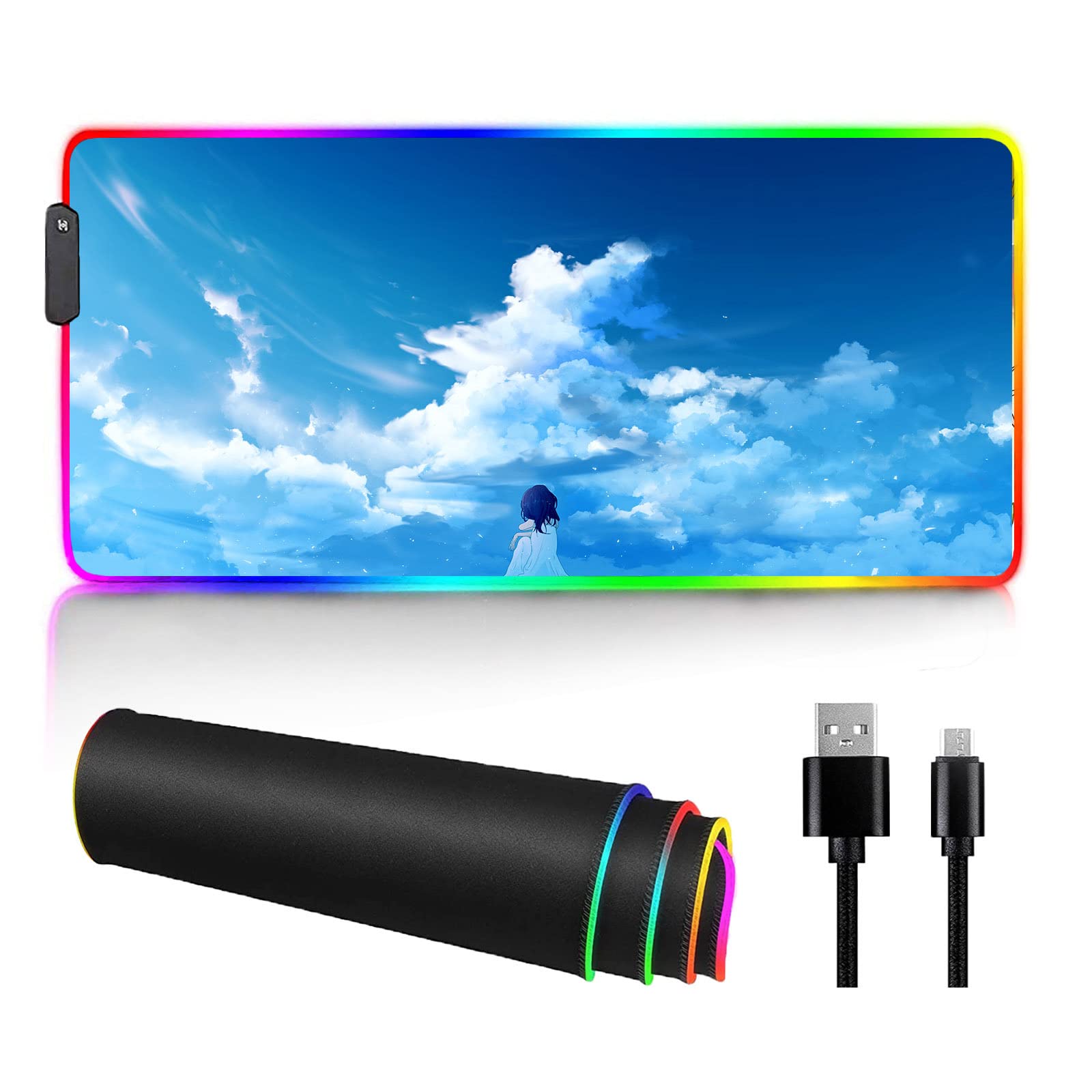 Beautiful Blue Sky Landscape LED Gaming Mouse Pad with Anime Girl Design - Large Extended RGB Soft Cloth Mouse Mat (23.7x47 inches) for PC Gaming & Office Work