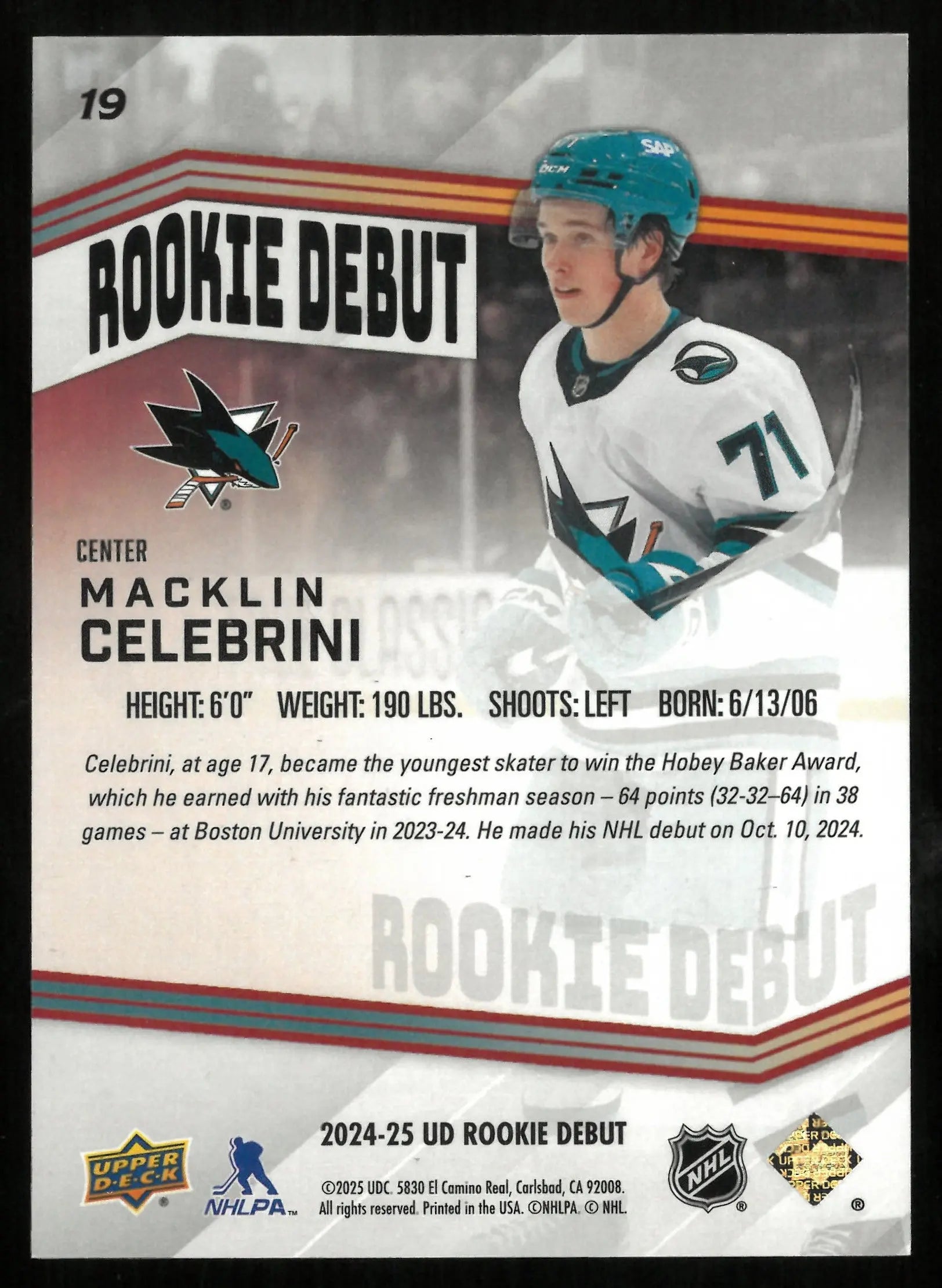 2024 Upper Deck Macklin Celebrini Rookie Debut RC /99 SP Hockey Card - Collectible Sports Memorabilia for NHL Fans & Card Collectors - Perfect for Trading, Displaying, or Investing in Rare Hockey Cards