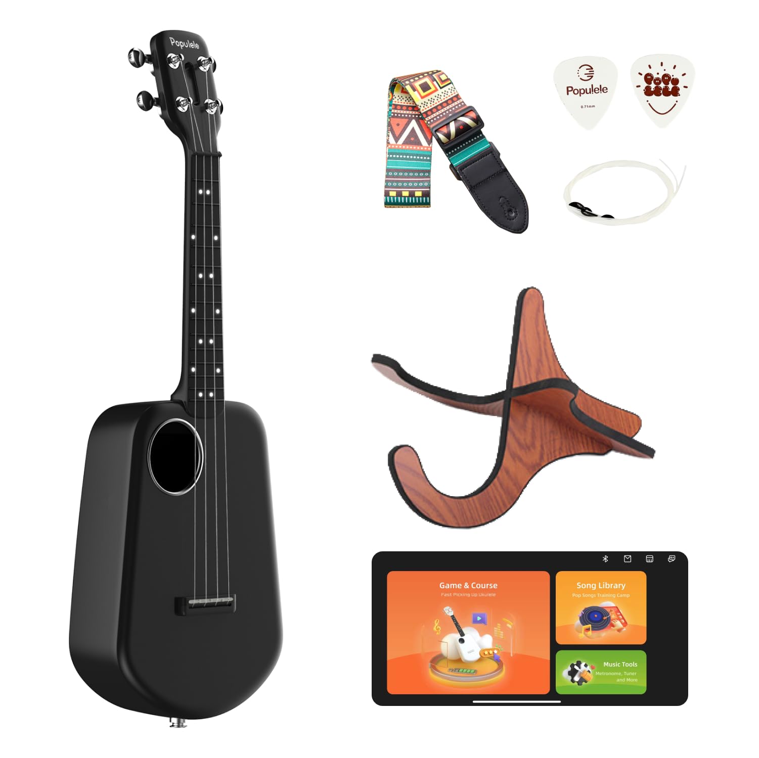 Populele Smart Concert Ukulele 23 Inch - Carbon Fiber Body with 72 LED Lights, Free Online Lessons & App Song Library, Built-in Auto Tuner, Includes Gig Bag, Strap & Nylon Strings - Perfect for Beginners, Family Fun, Travel, Birthday Gifts & Music Lovers