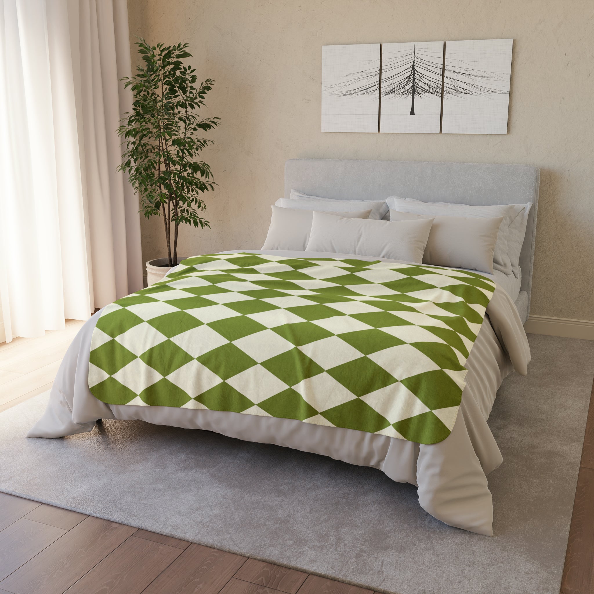 Cozy Fleece Sherpa Blanket - Green Harlequin Pattern Retro Throw Blanket for Couch, Bed & Travel - Soft Warm Plush for Winter, Camping & Home Decor