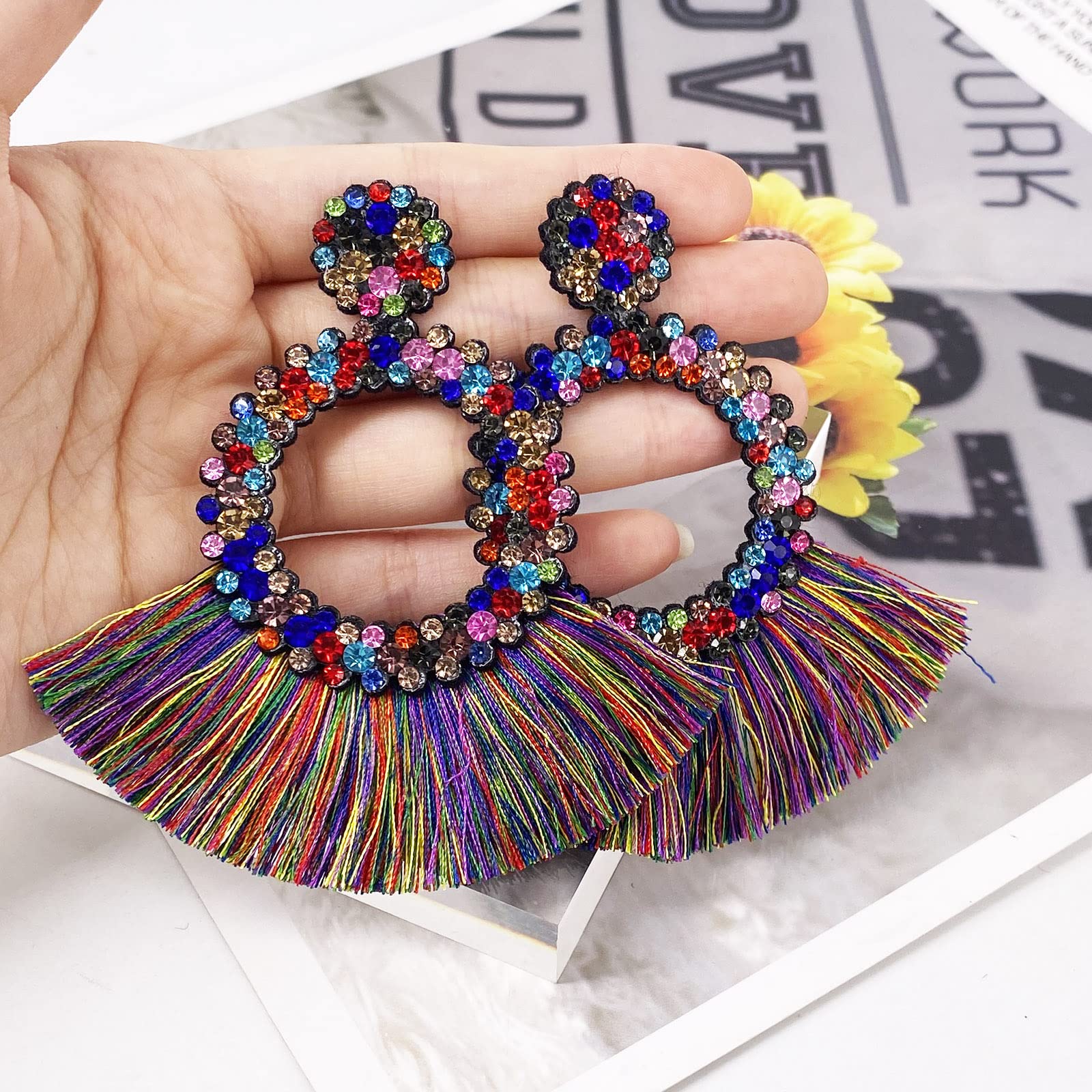 Boho Crystal Tassel Earrings for Women - Sparkly Scalloped Cotton Thread Statement Earrings 3.34