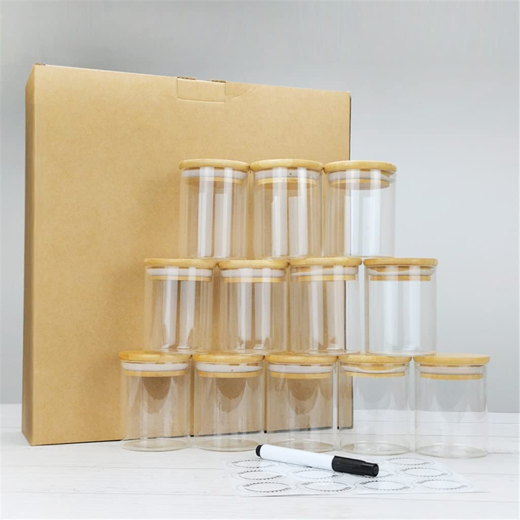 Premium 12-Piece Glass Spice Jars Set with Wooden Airtight Lids & Labels - Clear Food Storage Containers for Kitchen Pantry Organization | Perfect for Herbs, Spices, Tea, Coffee & Baking Ingredients