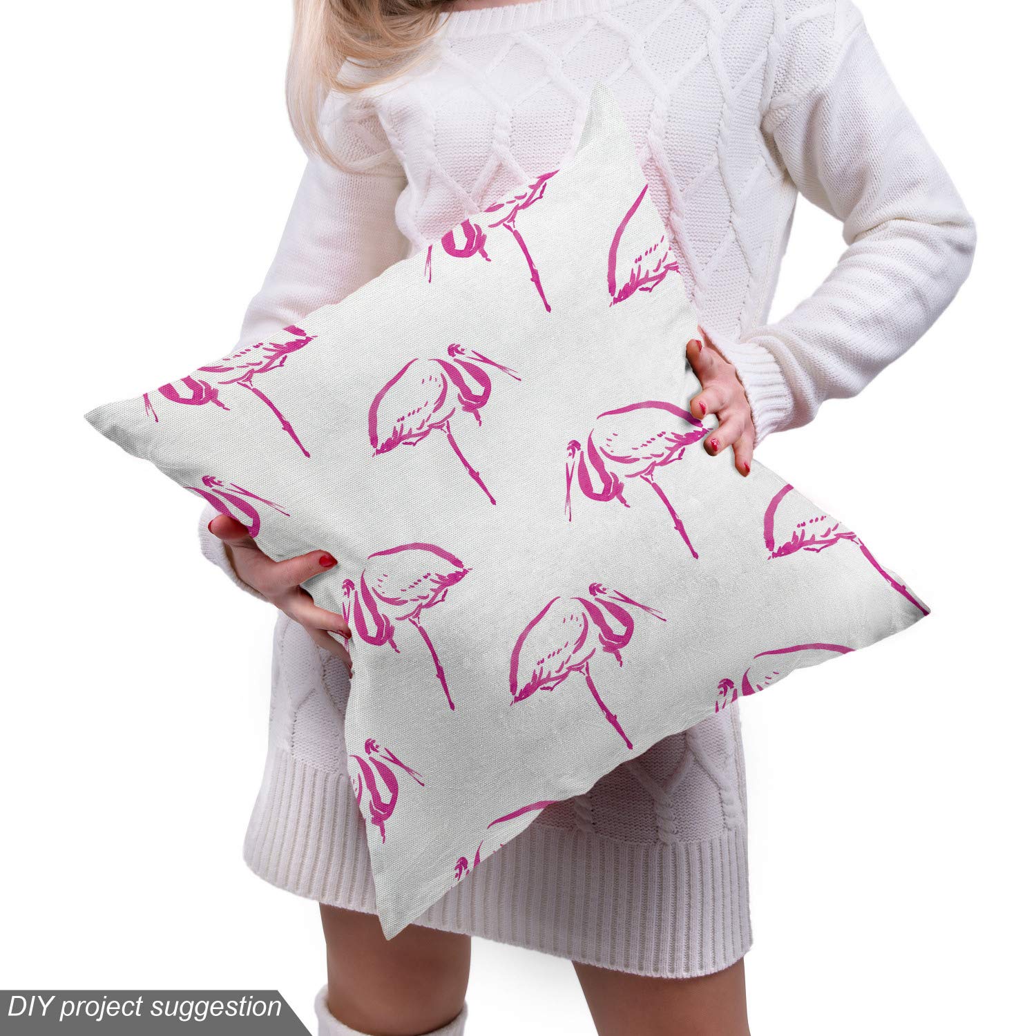 Ambesonne Flamingo Fabric by The Yard - Hand Drawn Tropical Animal Print Upholstery Material, Hot Pink & White Sketch Design for Sofa, Curtains, Pillows - 10 Yards Decorative Home Accent Fabric for Coastal & Boho Decor