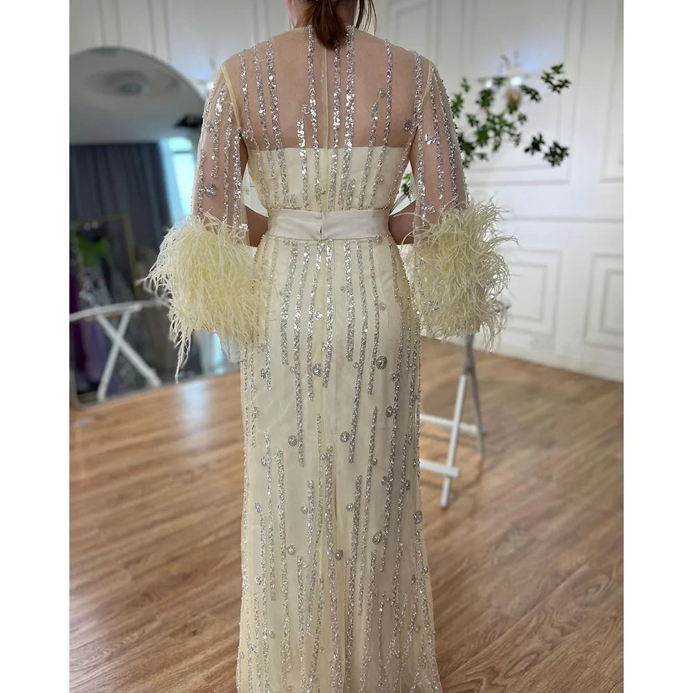 Elegant Light Yellow Feather Evening Gown for Wedding, Party, Prom - LA71759 | Perfect for Bridesmaids, Formal Events & Special Occasions