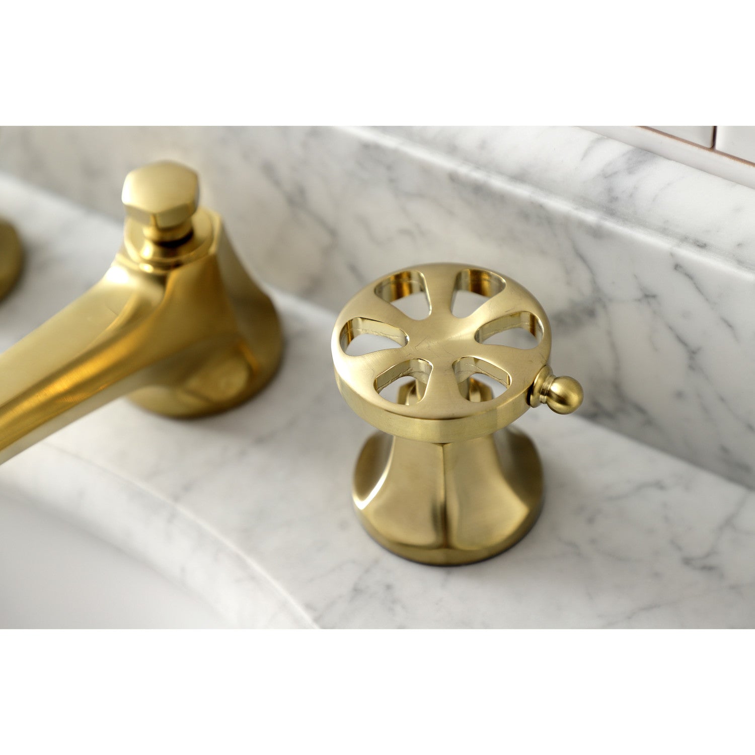 Belknap KS4467RX Brushed Brass Widespread Bathroom Faucet - 2 Handle 3 Hole Deck Mount with Brass Pop Up Drain - Perfect for Modern Bathroom Vanities and Sink Upgrades