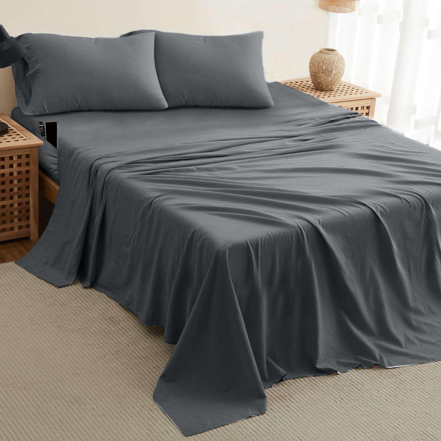 DREAMCAE Queen Size Sheet Set - 4 Piece Cooling Bed Sheets for Deep Pocket Mattress up to 15