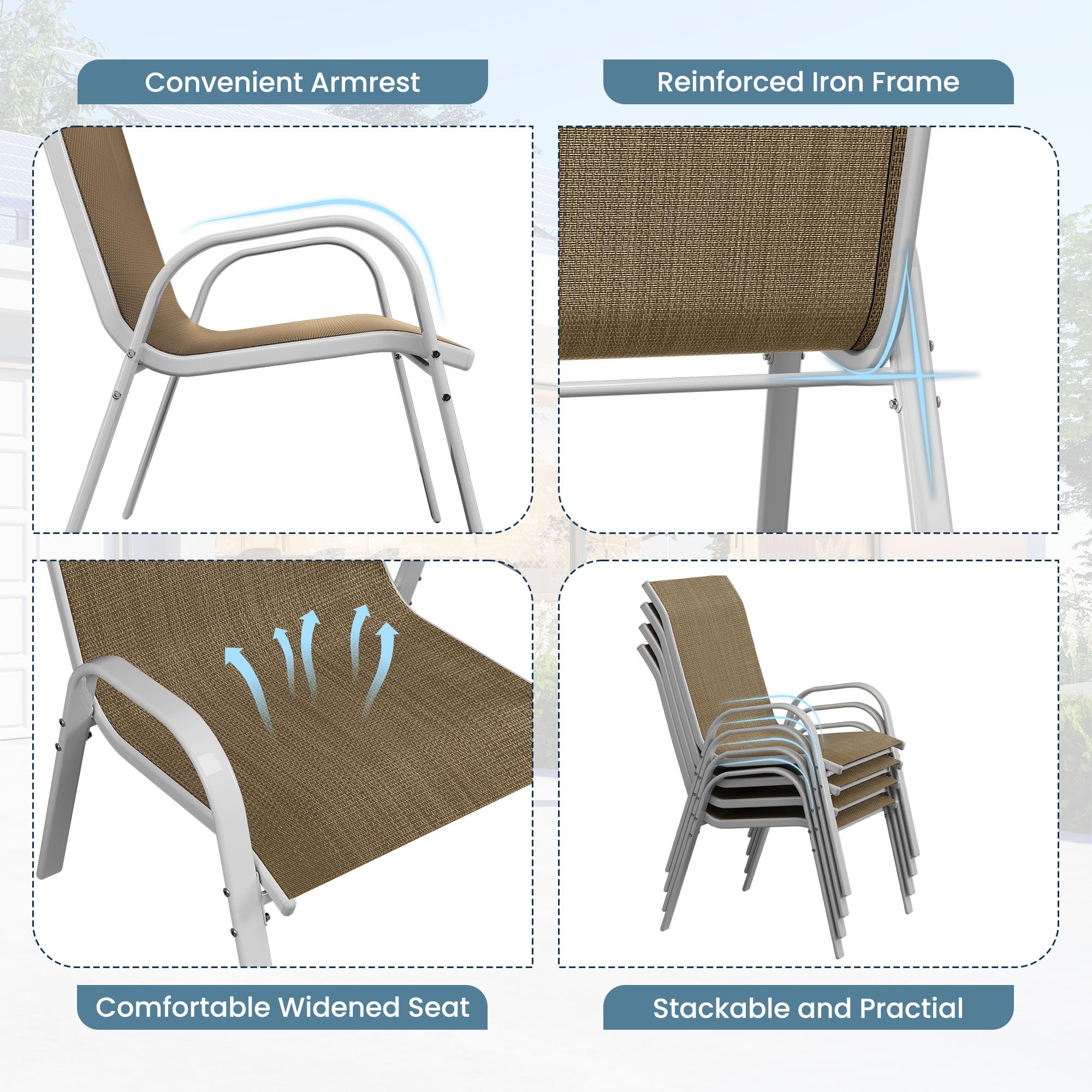 Amopatio 4-Piece Stackable Patio Dining Chairs Set - Weather-Resistant Outdoor Furniture for Backyard, Deck & Garden - Breathable Comfortable Silver-Brown Chairs for All-Season Use | Perfect for BBQs, Poolside Relaxation & Outdoor Entertaining