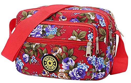 ZEHO Floral Print Multi Pocket Nylon Crossbody Bag for Women - Lightweight Travel Shoulder Purse - Casual Everyday Use, Work, Shopping & Outdoor Activities