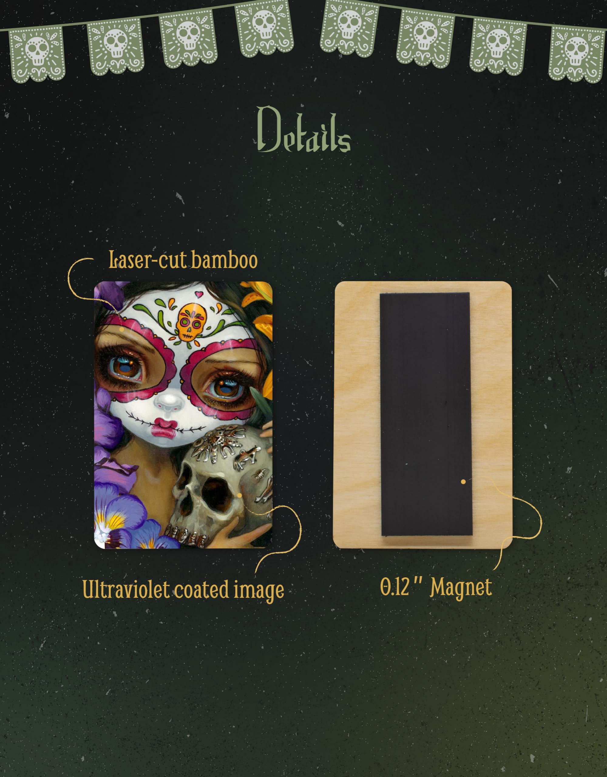Jasmine Becket-Griffith Dia de Los Muertos Wood Magnets Set - 2”x3” Laser-Cut UV-Coated Day of The Dead Refrigerator Magnets (1364-LM) - Perfect for Halloween Decor, Mexican Folk Art Collection & Gift Giving
