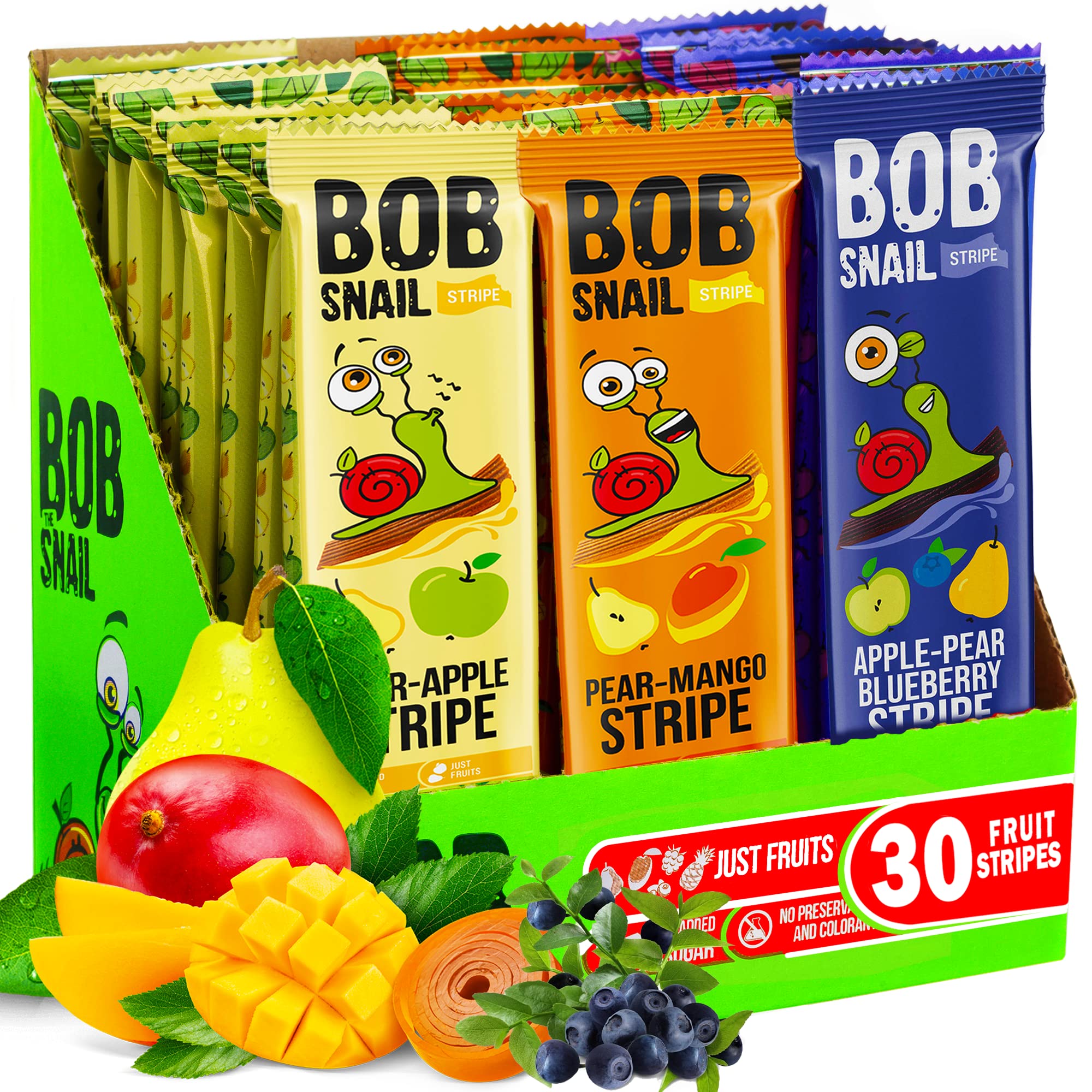 BOB SNAIL Healthy Fruit Snacks Variety Pack - 30 Individually Wrapped Natural Fruit Bars with Mango, Blueberries, Pears & Apple | Gluten-Free, Vegan, Low Carb, No Sugar Added | Perfect for School Lunches, Office Snacks & On-the-Go Nutrition