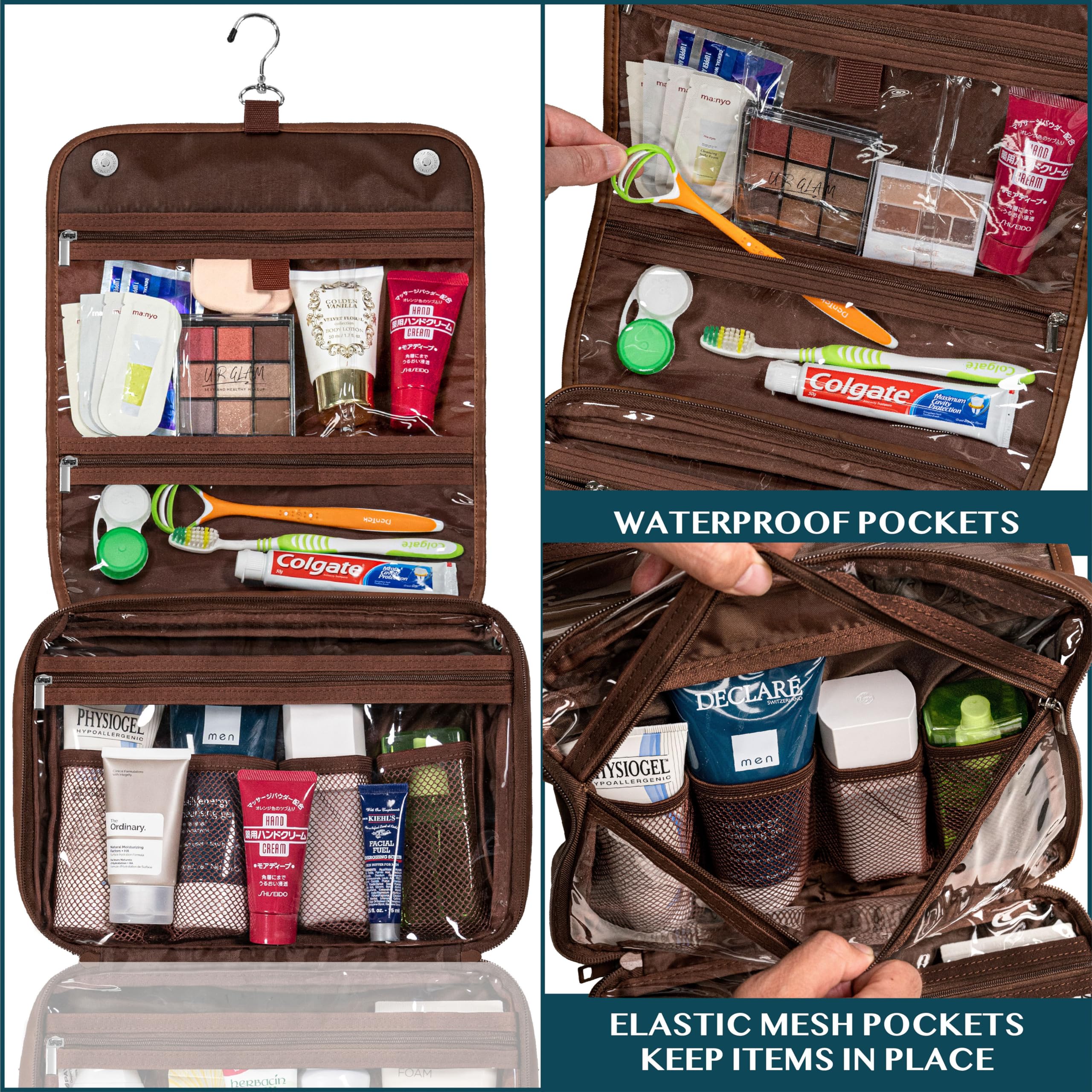 PAVILIA Hanging Toiletry Bag for Women & Men - Foldable Waterproof Cosmetic Organizer Travel Bag - Large Makeup & Toiletries Essentials Kit (Dark Brown) - Perfect for Camping, Gym, Business Trips & Vacation