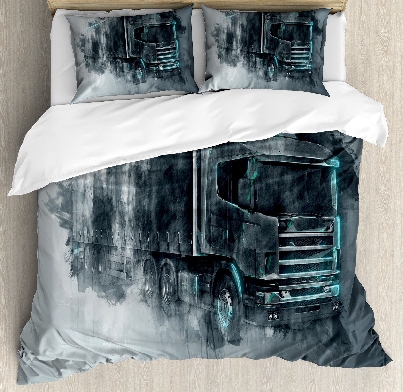 Ambesonne Truck Duvet Cover Set - King Size Grey Turquoise 3-Piece Bedding with 2 Pillow Shams | Vintage Tractor Trailer Design with Paint Smears | Perfect for Truck Lovers & Boys' Bedroom Decor | Cargo Delivery Theme Home Textiles
