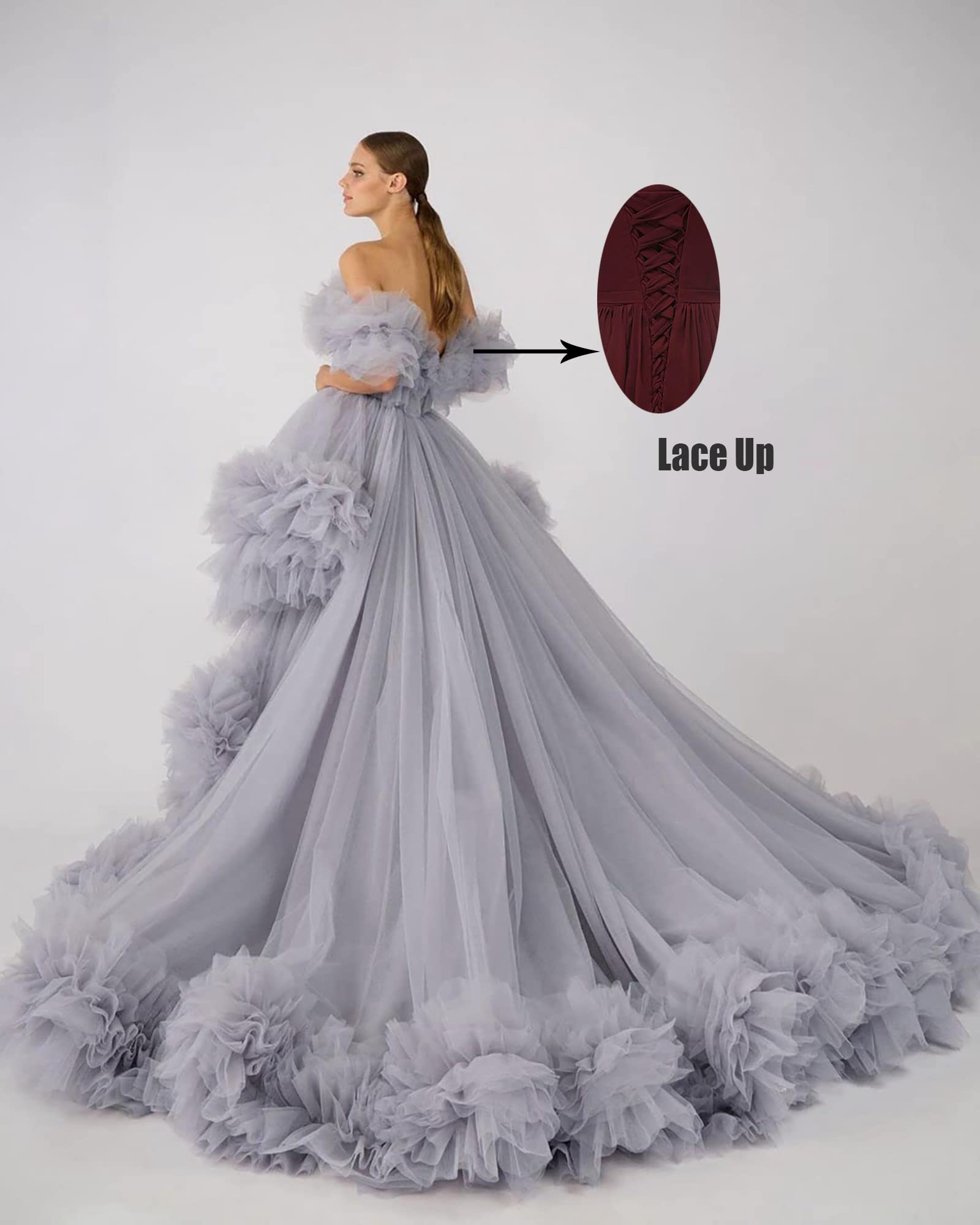 Elegant Off Shoulder Hi-Lo Tulle Maternity Robe for Pregnancy Photoshoot & Bridal Wedding Dressing - Perfect for Baby Shower, Bridal Party and Special Occasions