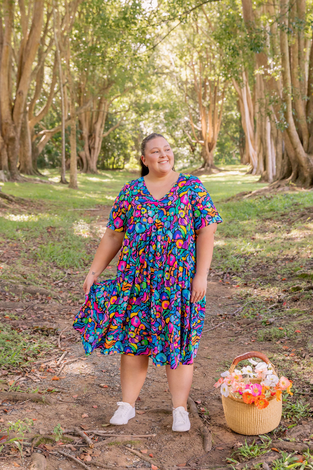 Kasey Rainbow Africa Print Peak Midi Dress - Floral Summer Dress for Women, Perfect for Beach Vacations & Casual Outings